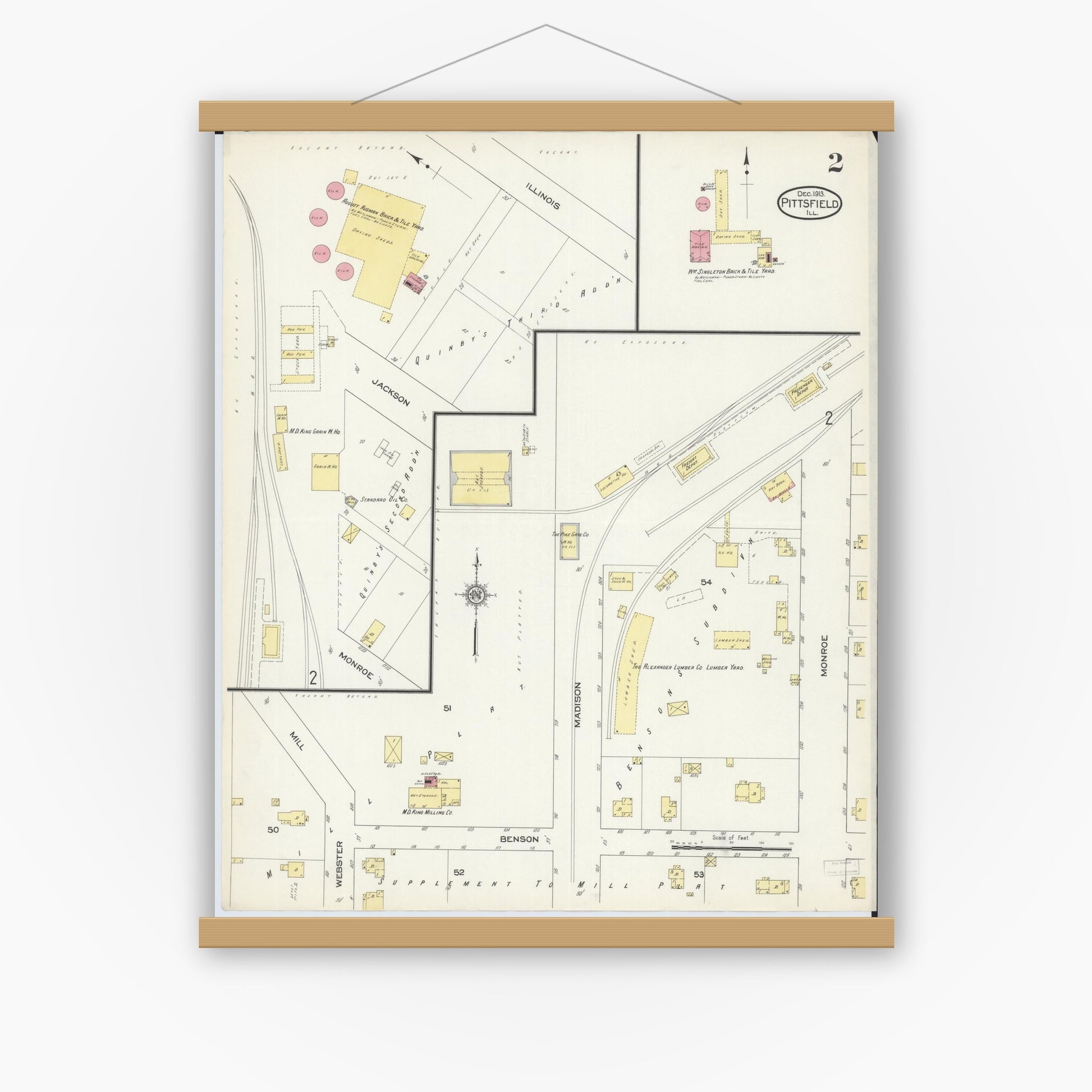 Old map wall art mockup — magnetic wood frame on white wall — Sanborn Fire Insurance Map from Pittsfield, Pike County, Illinois (1913), Sheet #0002