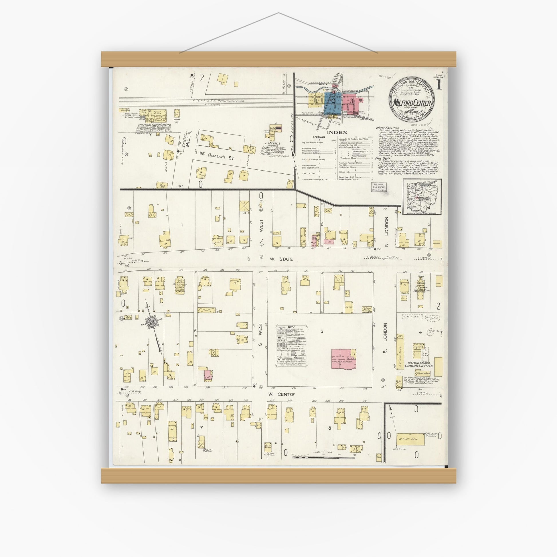 Old map wall art mockup — magnetic wood frame on white wall — Sanborn Fire Insurance Map from Milford Center, Union County, Ohio (1921) - Complete Map Set
