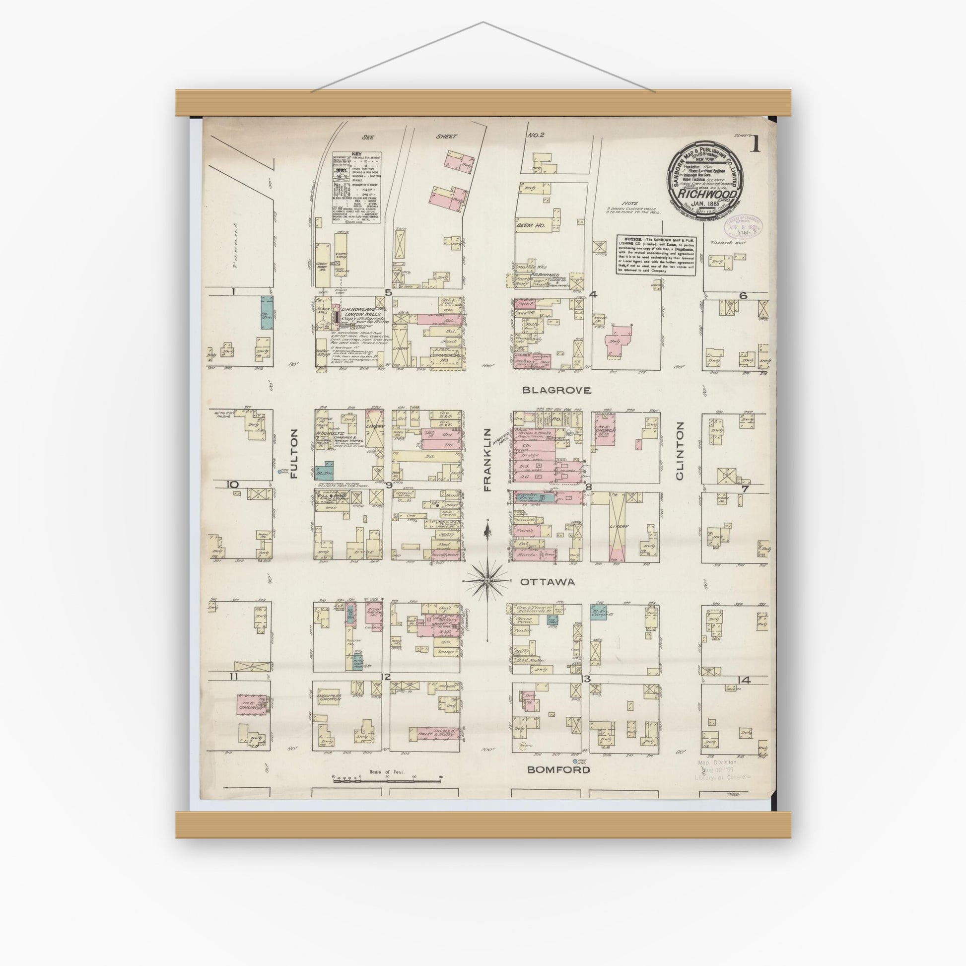 Old map wall art mockup — magnetic wood frame on white wall — Sanborn Fire Insurance Map from Richwood, Union County, Ohio (1885), Sheet #0001