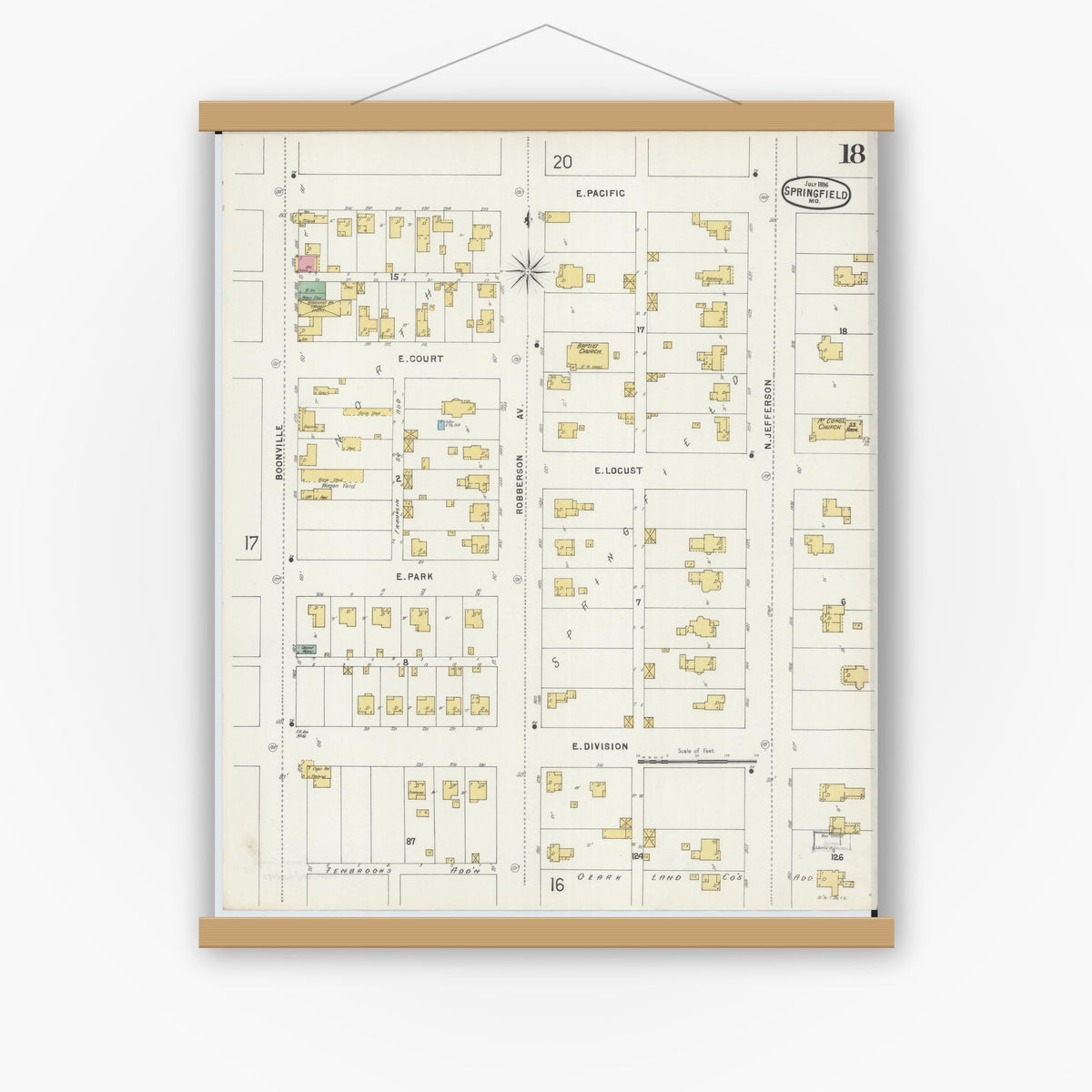 Old map wall art mockup — magnetic wood frame on white wall — Sanborn Fire Insurance Map from Springfield, Greene County, Missouri (1896), Sheet #0018