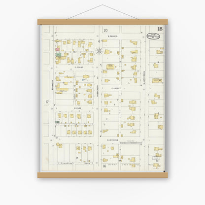 Old map wall art mockup — magnetic wood frame on white wall — Sanborn Fire Insurance Map from Springfield, Greene County, Missouri (1896), Sheet #0018