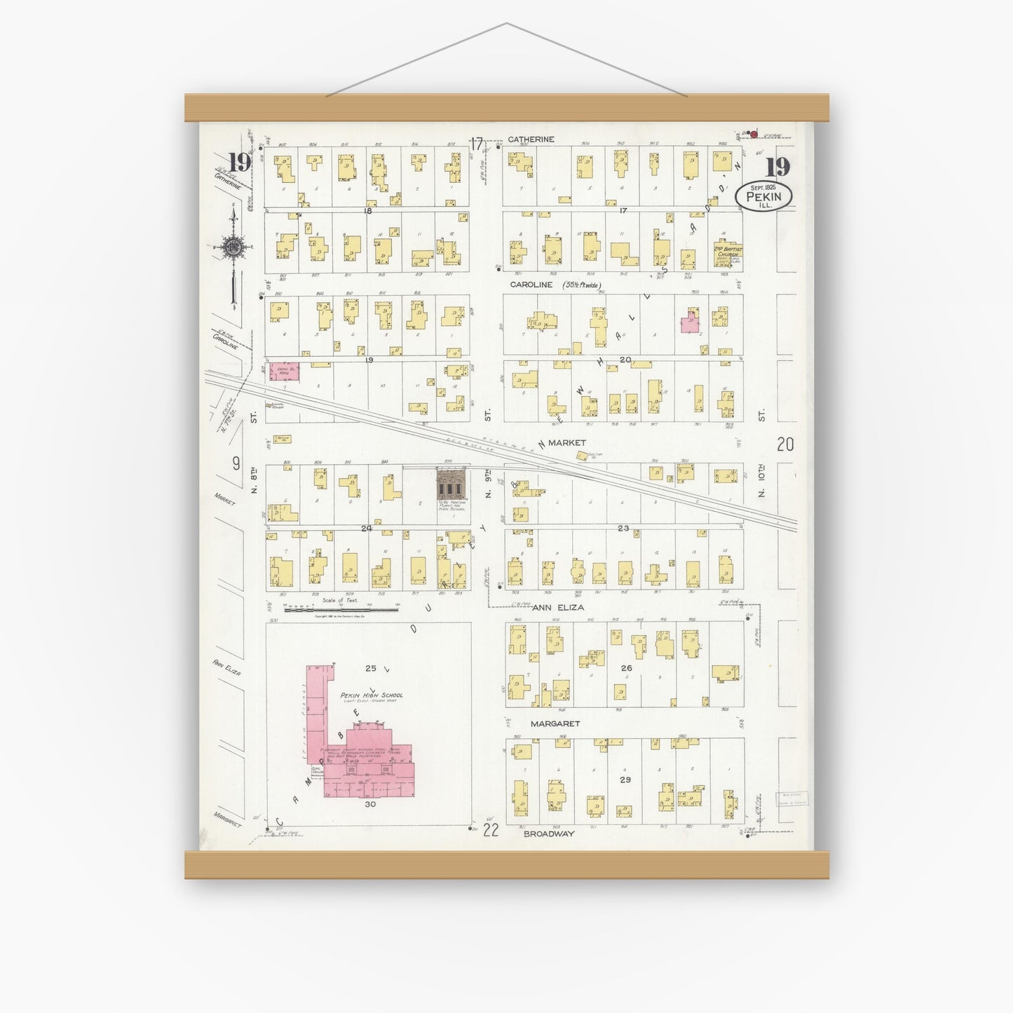 Old map wall art mockup — magnetic wood frame on white wall — Sanborn Fire Insurance Map from Pekin, Tazewell County, Illinois (1925), Sheet #0019