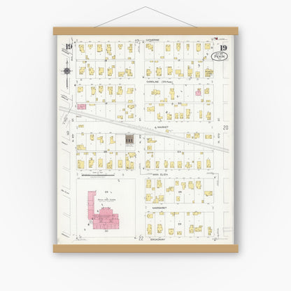 Old map wall art mockup — magnetic wood frame on white wall — Sanborn Fire Insurance Map from Pekin, Tazewell County, Illinois (1925), Sheet #0019