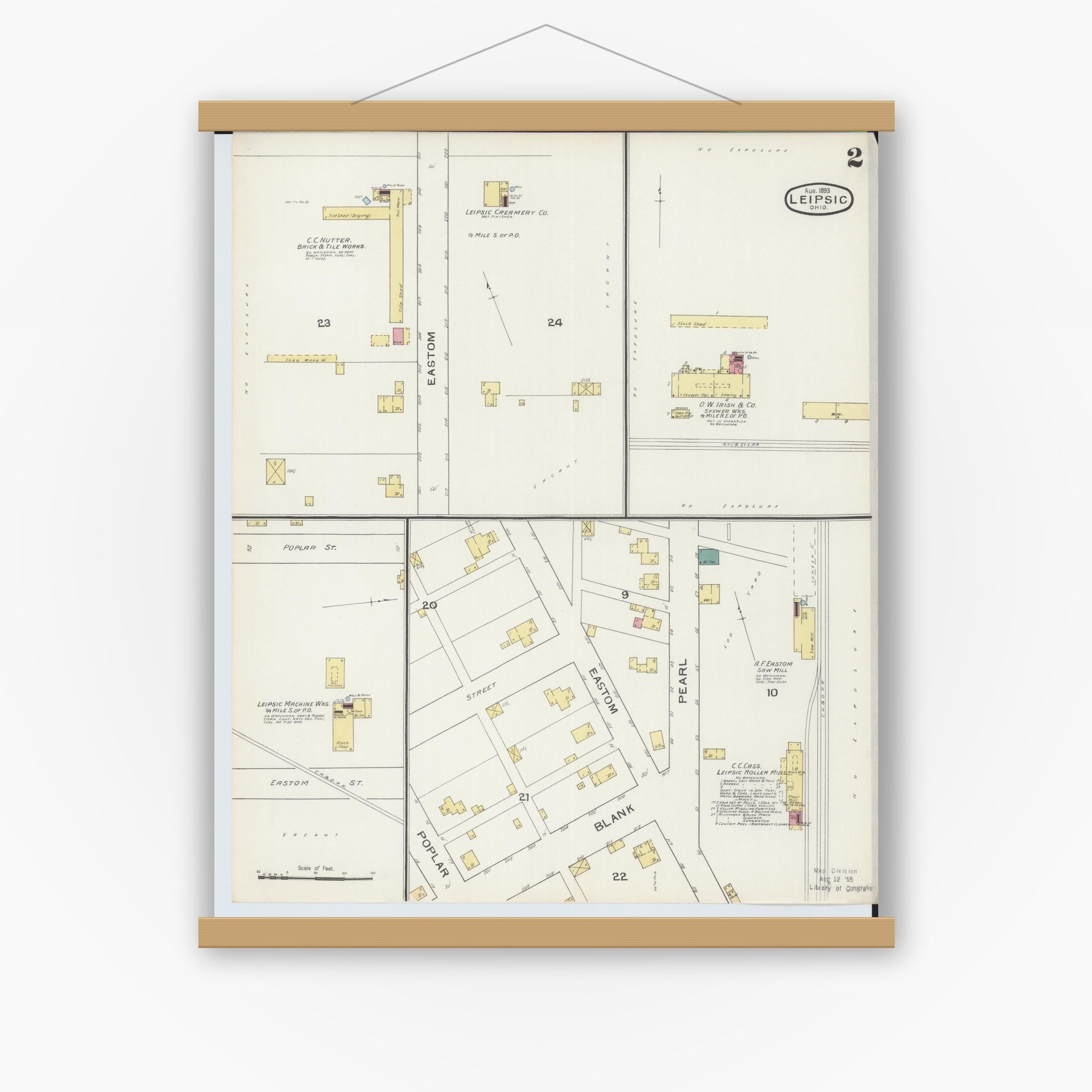 Old map wall art mockup — magnetic wood frame on white wall — Sanborn Fire Insurance Map from Leipsic, Putnam County, Ohio (1893), Sheet #0002