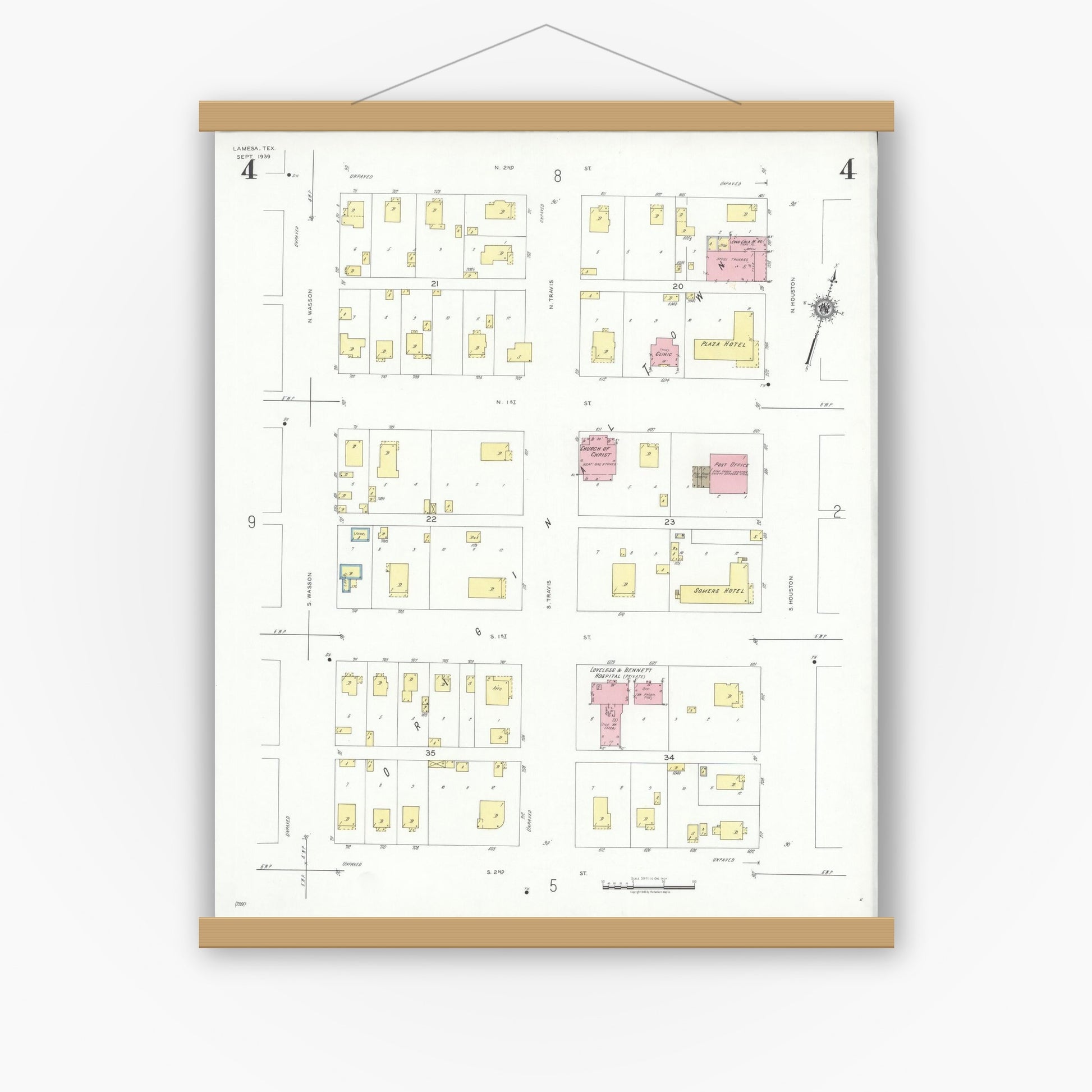 Old map wall art mockup — magnetic wood frame on white wall — Sanborn Fire Insurance Map from Lamesa, Dawson County, Texas (1939), Sheet #0004