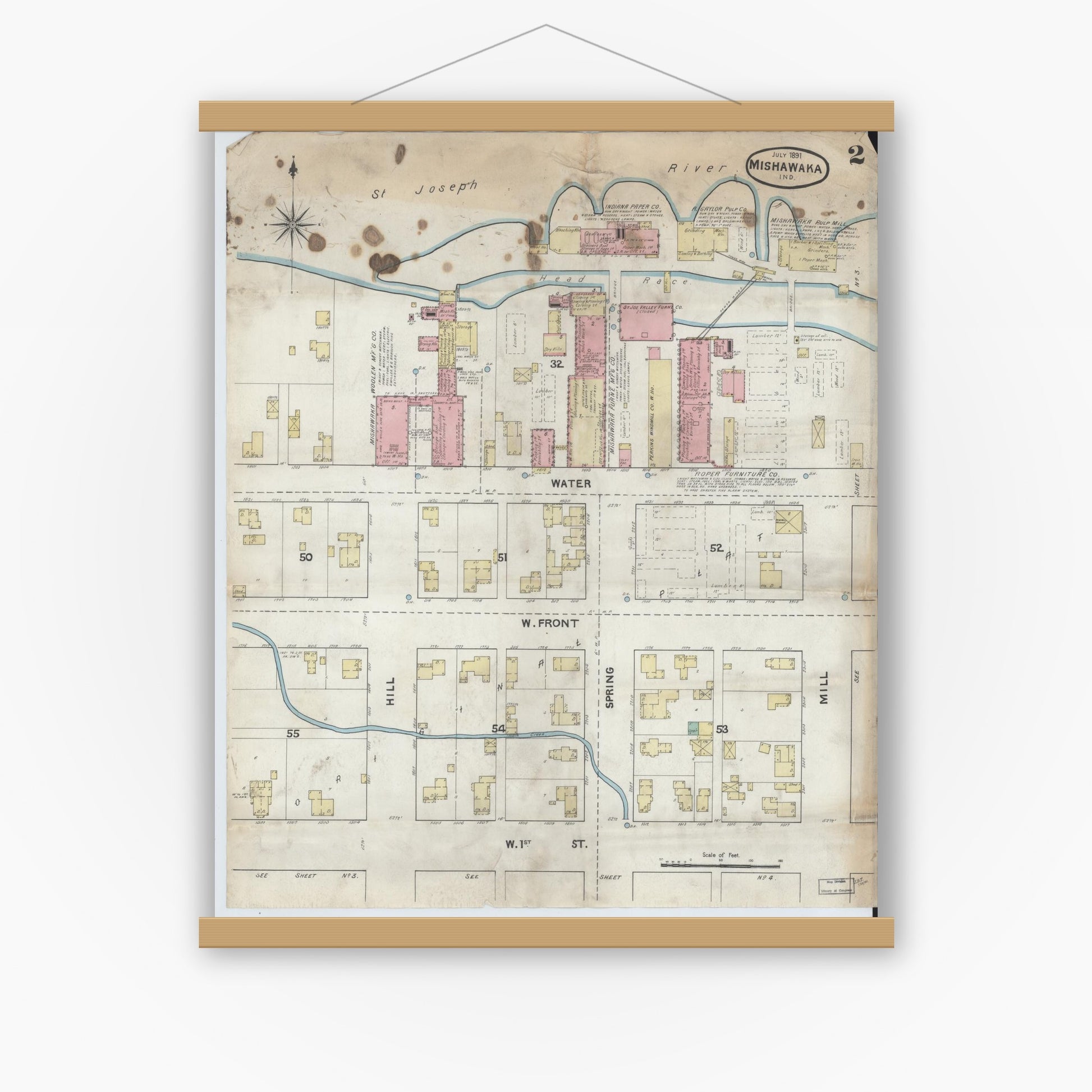 Old map wall art mockup — magnetic wood frame on white wall — Sanborn Fire Insurance Map from Mishawaka, Saint Joseph County, Indiana (1891), Sheet #0002