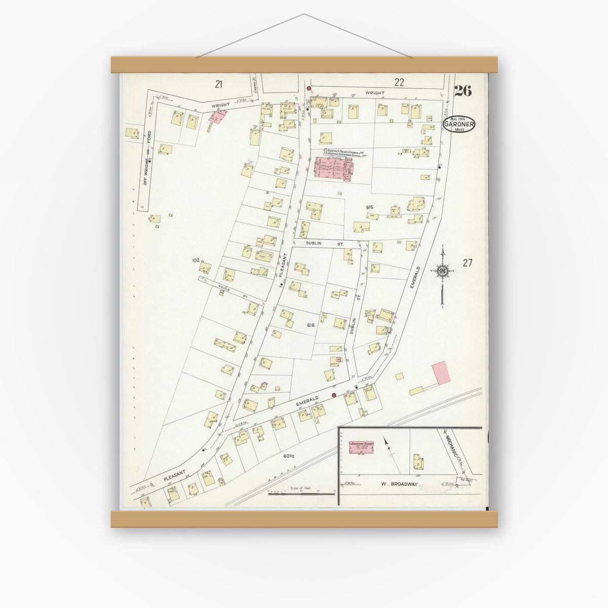 Old map wall art mockup — magnetic wood frame on white wall — Sanborn Fire Insurance Map from Gardner, Worcester County, Massachusetts (1914), Sheet #0026