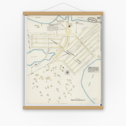 Old map wall art mockup — magnetic wood frame on white wall — Sanborn Fire Insurance Map from Cadillac, Wexford County, Michigan (1884), Sheet #0010