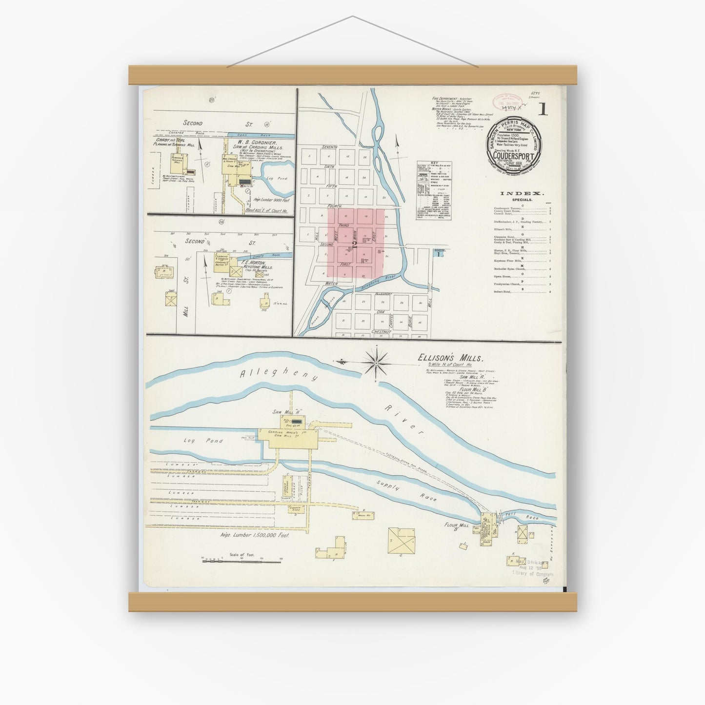 Old map wall art mockup — magnetic wood frame on white wall — Sanborn Fire Insurance Map from Coudersport, Potter County, Pennsylvania (1891), Sheet #0001