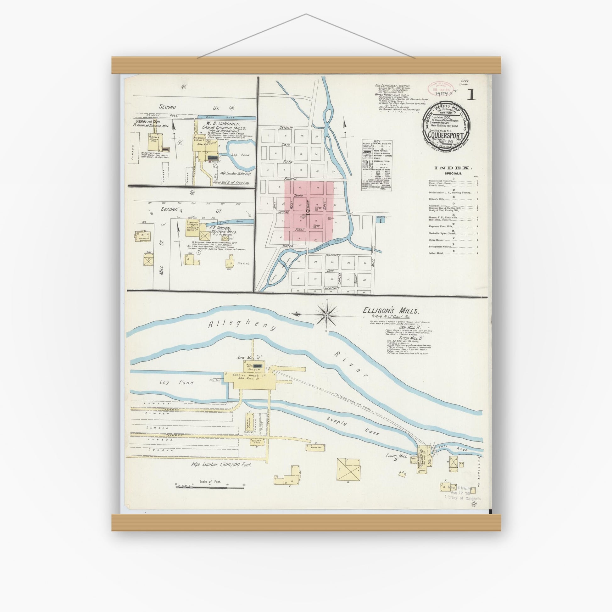 Old map wall art mockup — magnetic wood frame on white wall — Sanborn Fire Insurance Map from Coudersport, Potter County, Pennsylvania (1891), Sheet #0001