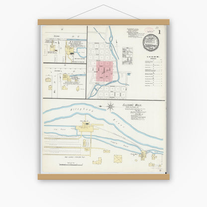 Old map wall art mockup — magnetic wood frame on white wall — Sanborn Fire Insurance Map from Coudersport, Potter County, Pennsylvania (1891), Sheet #0001