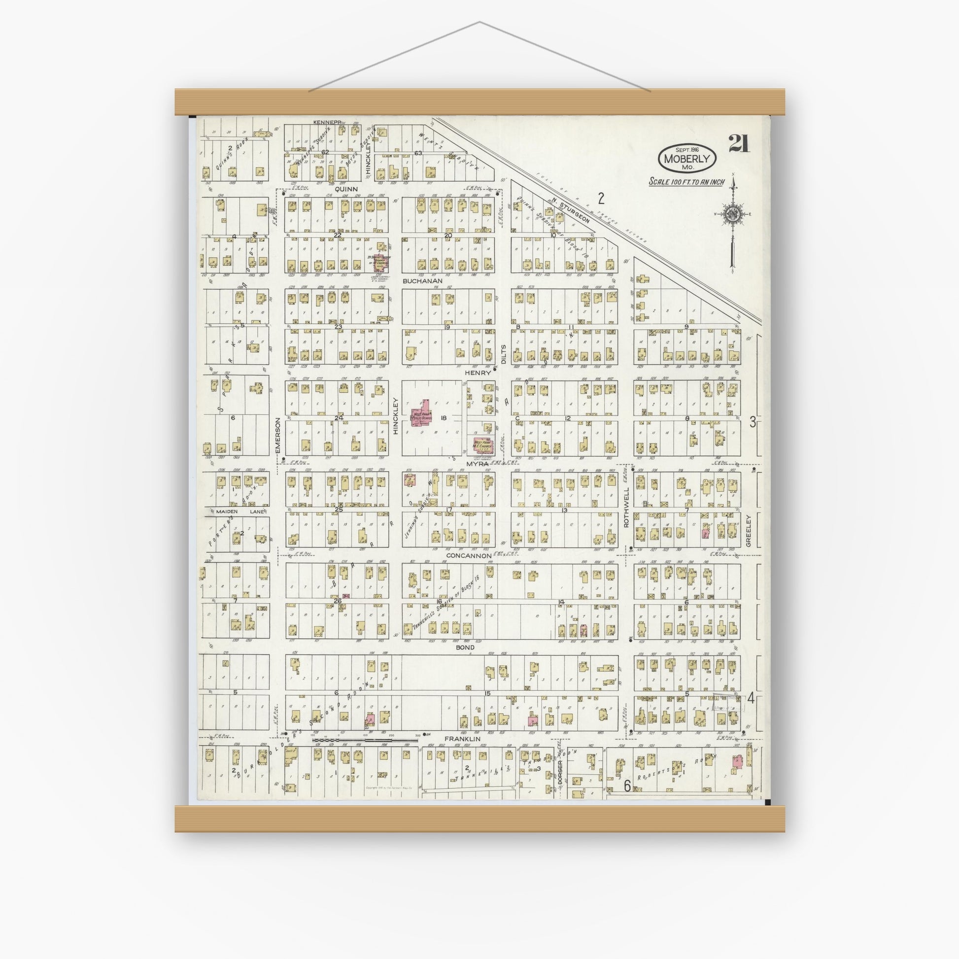 Old map wall art mockup — magnetic wood frame on white wall — Sanborn Fire Insurance Map from Moberly, Randolph County, Missouri (1916), Sheet #0021