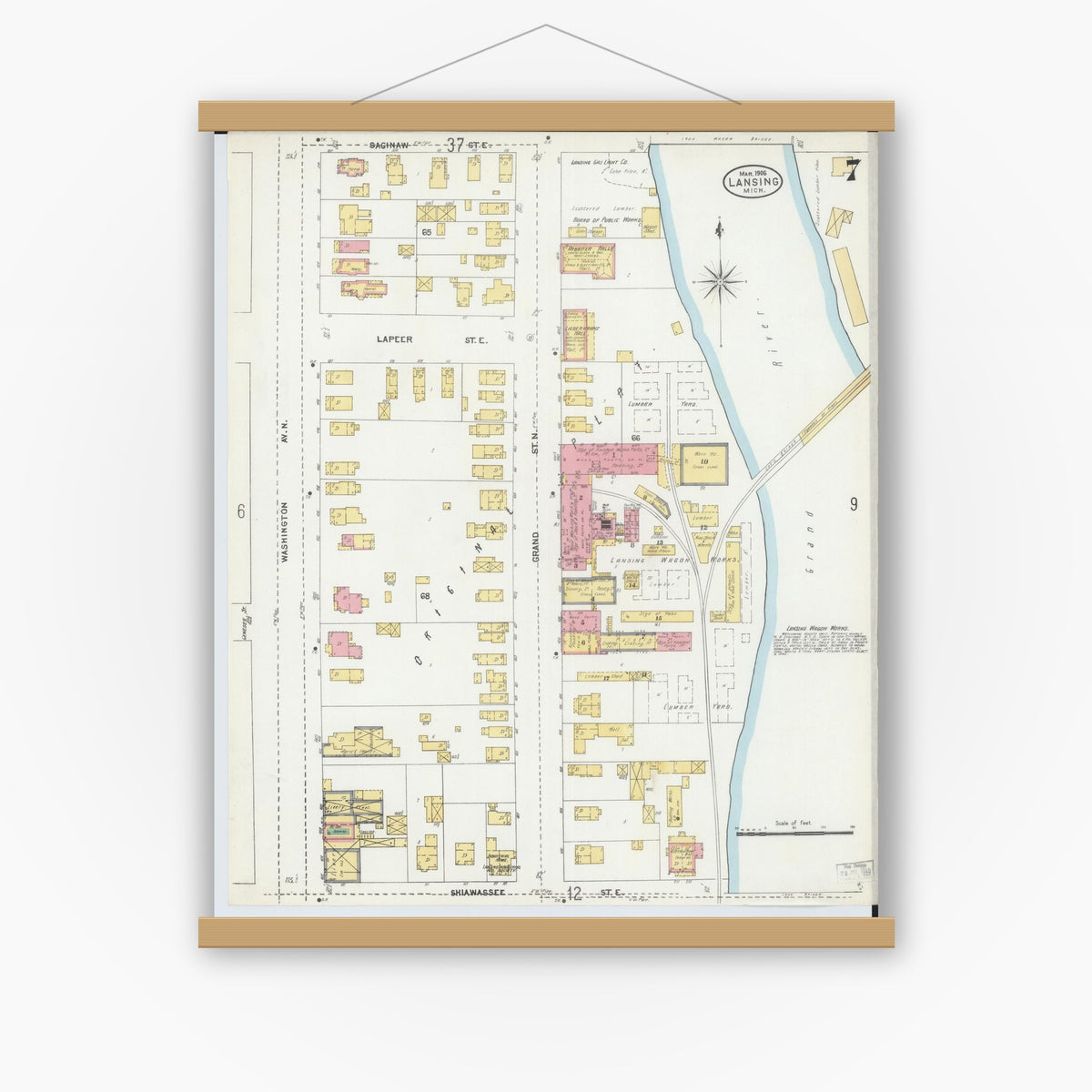Old map wall art mockup — magnetic wood frame on white wall — Sanborn Fire Insurance Map from Lansing, Ingham County, Michigan (1906), Sheet #0007