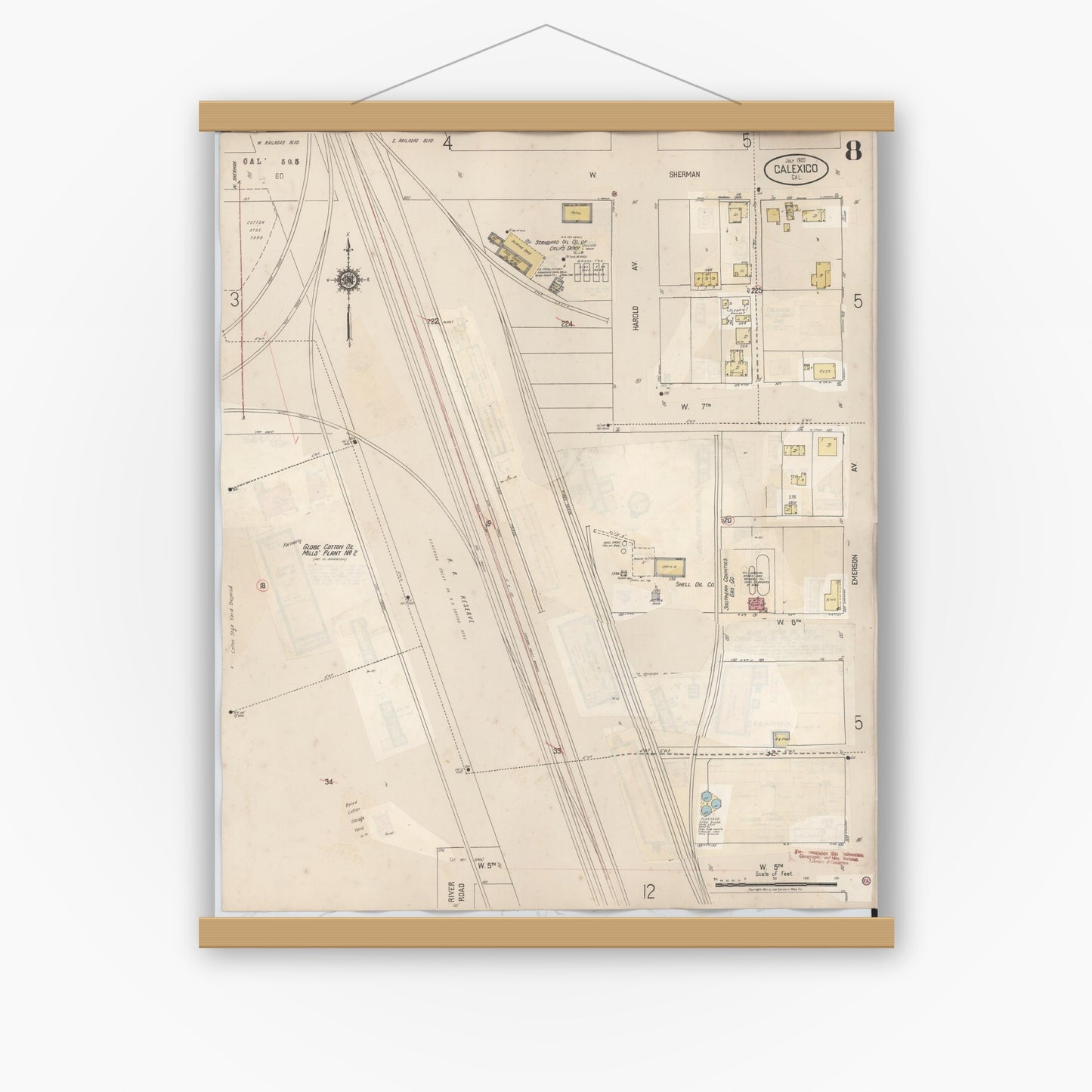 Old map wall art mockup — magnetic wood frame on white wall — Sanborn Fire Insurance Map from Calexico, Imperial County, California (1949), Sheet #0008