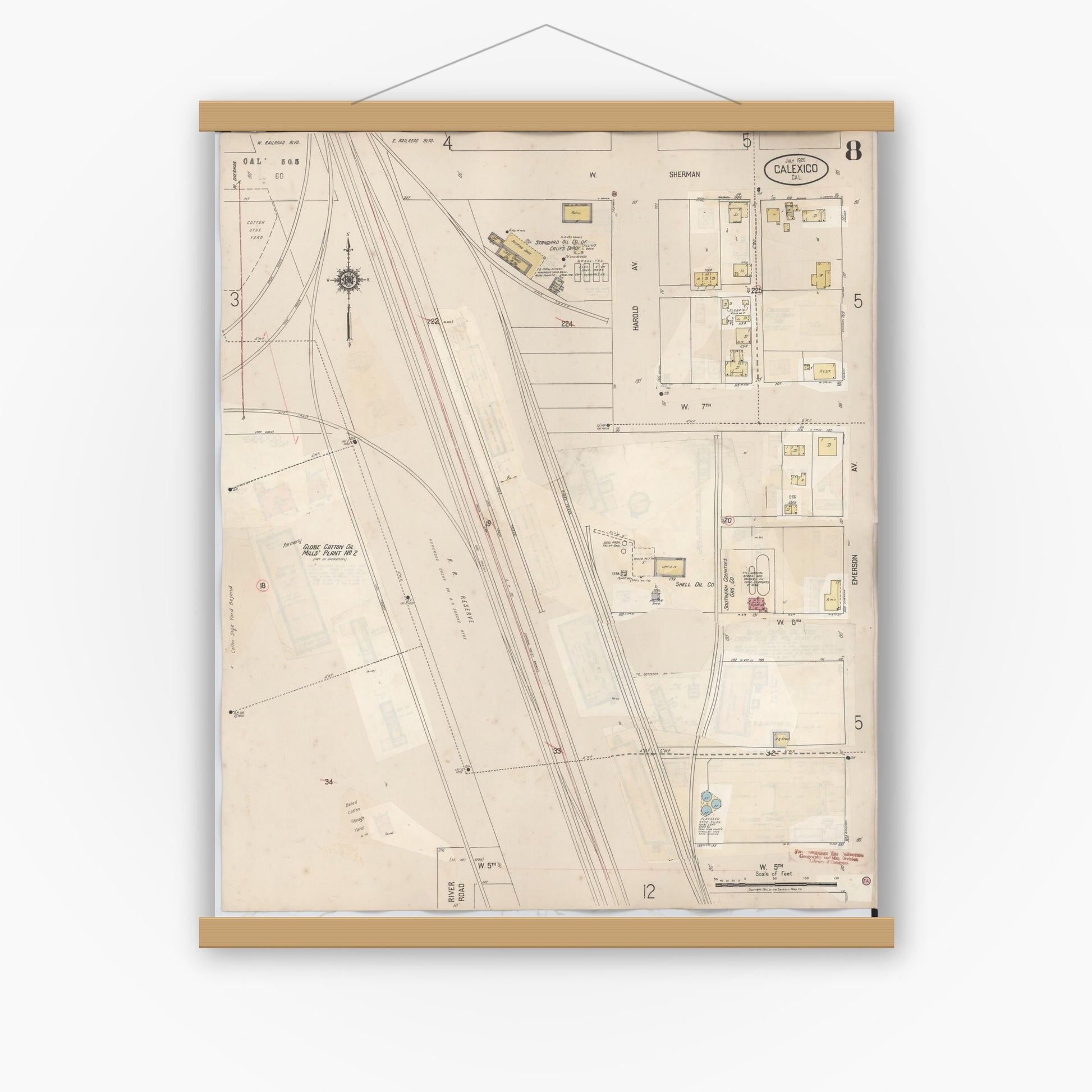 Old map wall art mockup — magnetic wood frame on white wall — Sanborn Fire Insurance Map from Calexico, Imperial County, California (1949), Sheet #0008