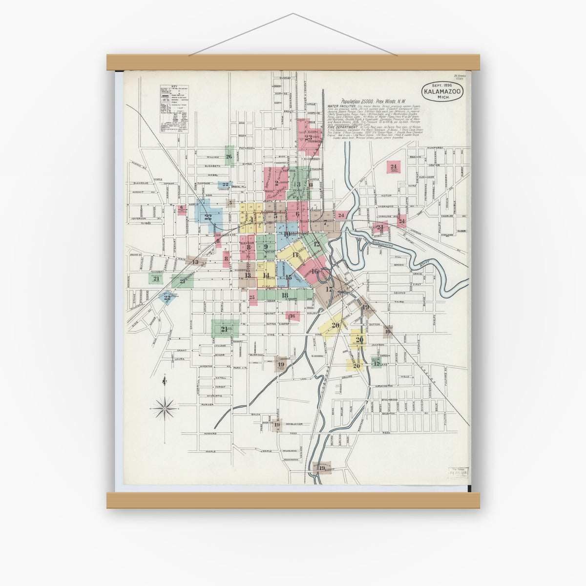 Old map wall art mockup — magnetic wood frame on white wall — Sanborn Fire Insurance Map from Kalamazoo, Kalamazoo County, Michigan (1896), Sheet #0001