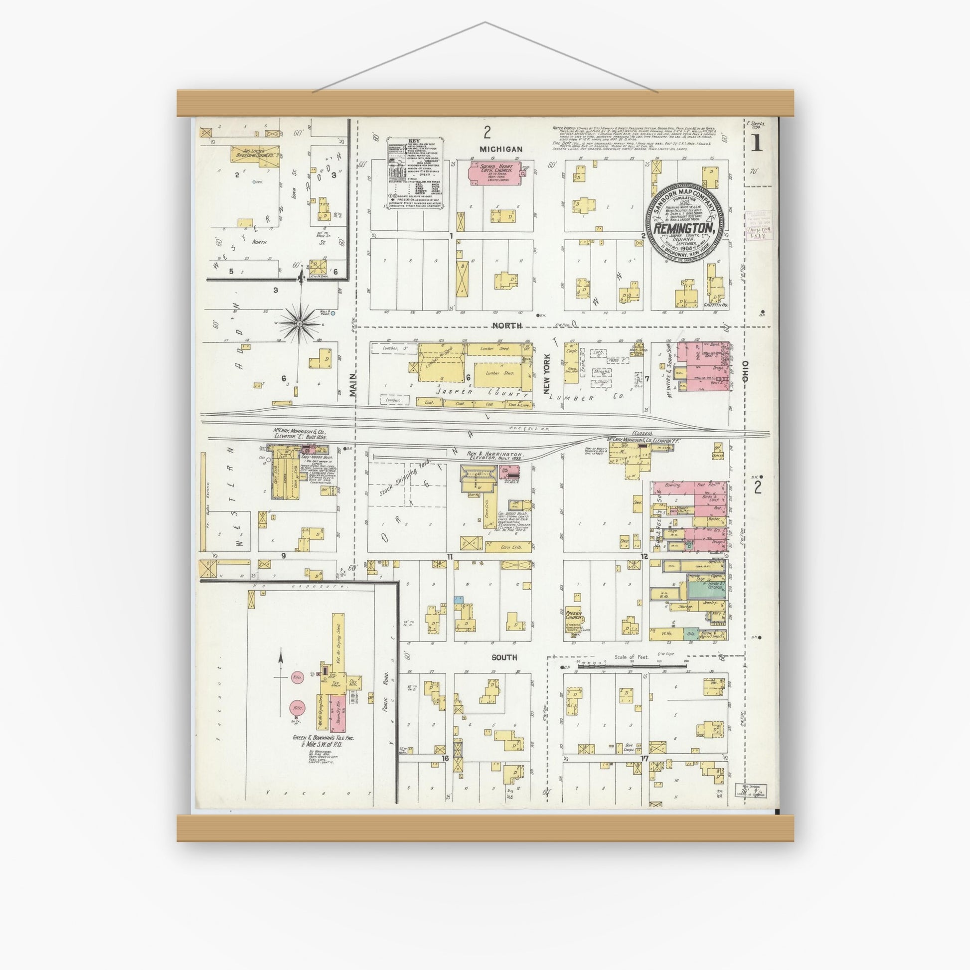 Old map wall art mockup — magnetic wood frame on white wall — Sanborn Fire Insurance Map from Remington, Jasper County, Indiana (1904) - Complete Map Set