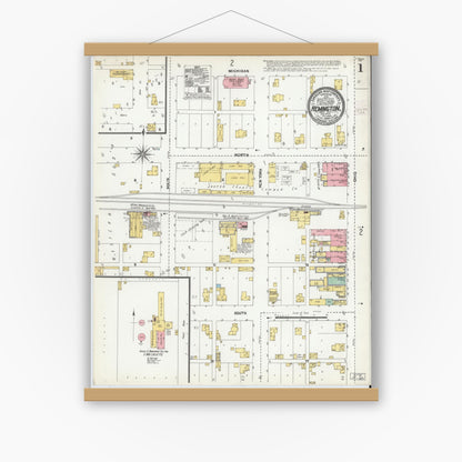 Old map wall art mockup — magnetic wood frame on white wall — Sanborn Fire Insurance Map from Remington, Jasper County, Indiana (1904) - Complete Map Set