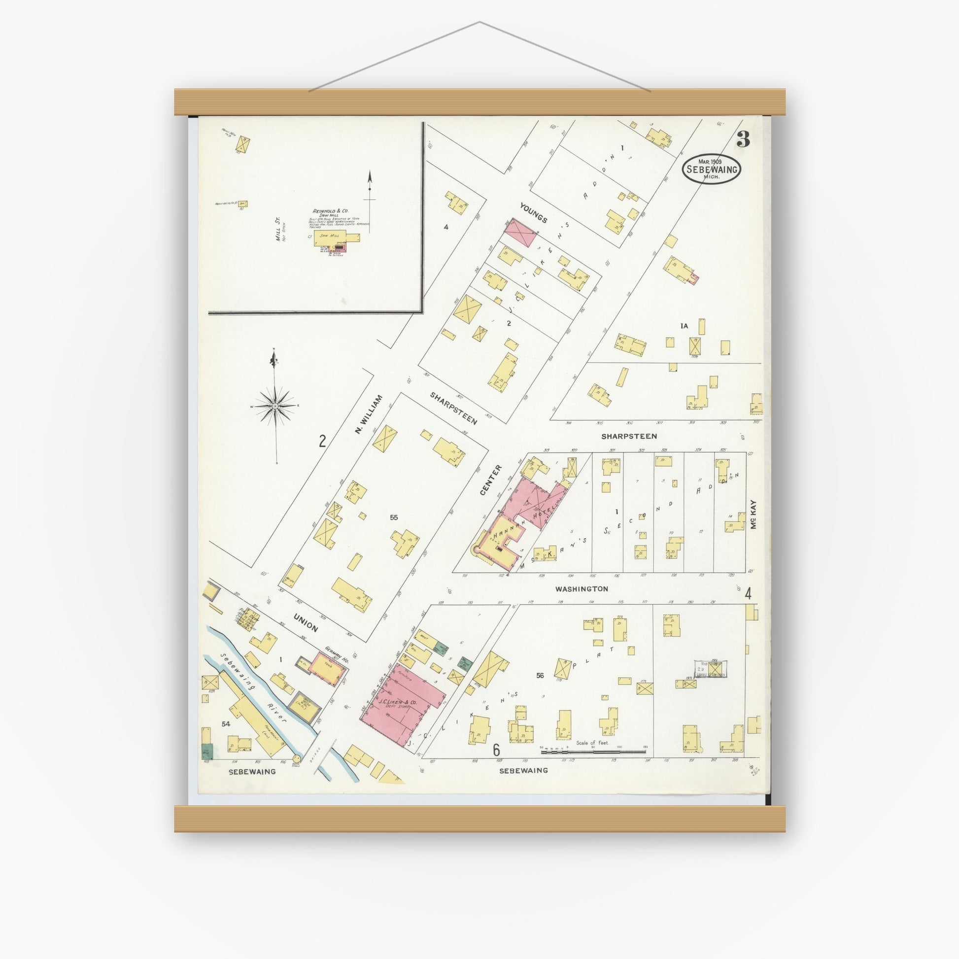 Old map wall art mockup — magnetic wood frame on white wall — Sanborn Fire Insurance Map from Sebewaing, Huron County, Michigan (1909), Sheet #0003