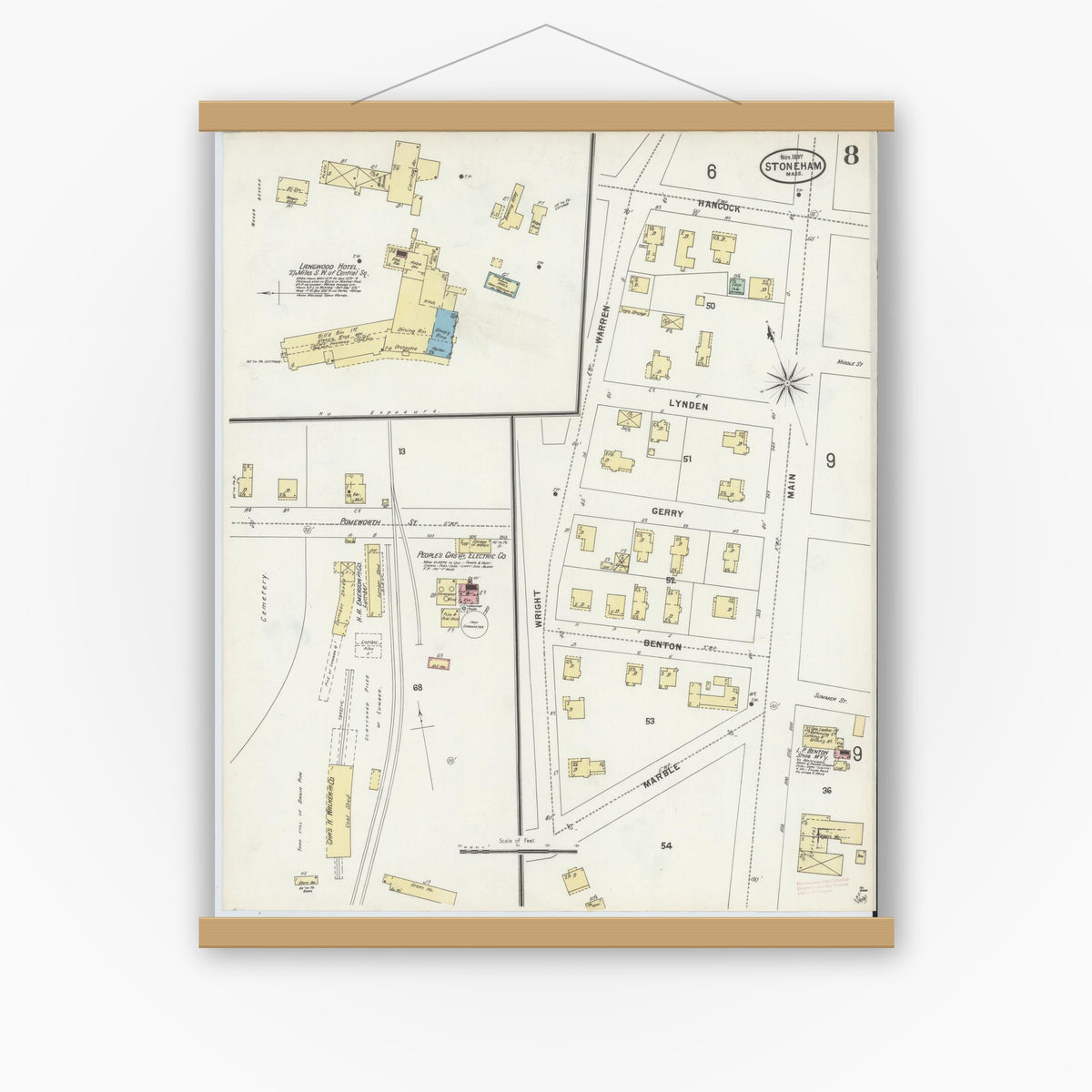Old map wall art mockup — magnetic wood frame on white wall — Sanborn Fire Insurance Map from Stoneham, Middlesex County, Massachusetts (1897), Sheet #0008