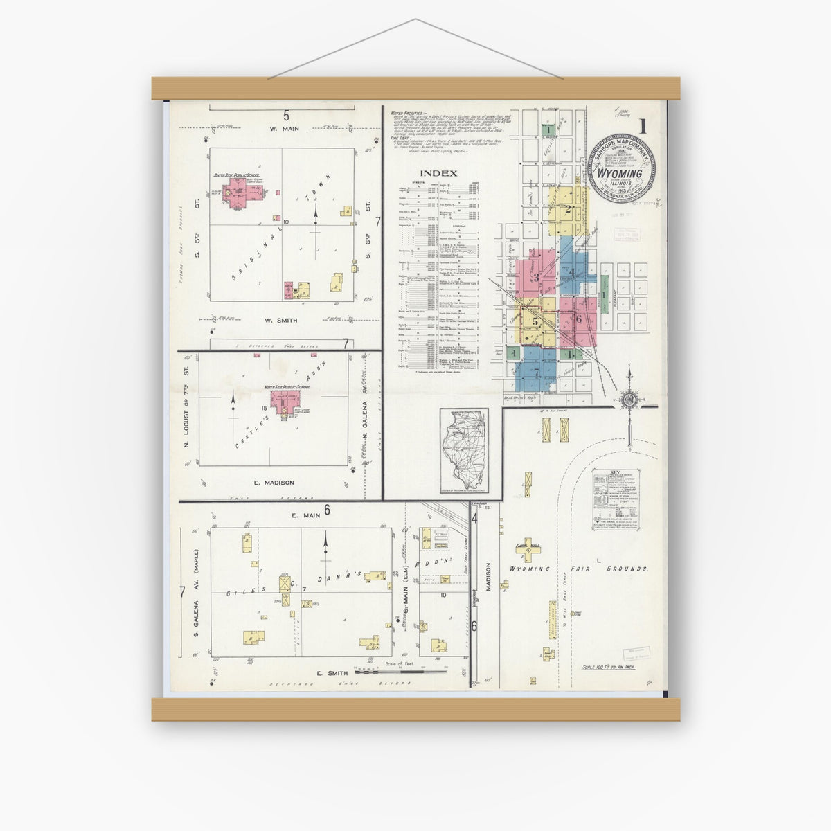 Old map wall art mockup — magnetic wood frame on white wall — Sanborn Fire Insurance Map from Wyoming, Stark County, Illinois (1913) - Complete Map Set