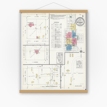 Old map wall art mockup — magnetic wood frame on white wall — Sanborn Fire Insurance Map from Wyoming, Stark County, Illinois (1913) - Complete Map Set