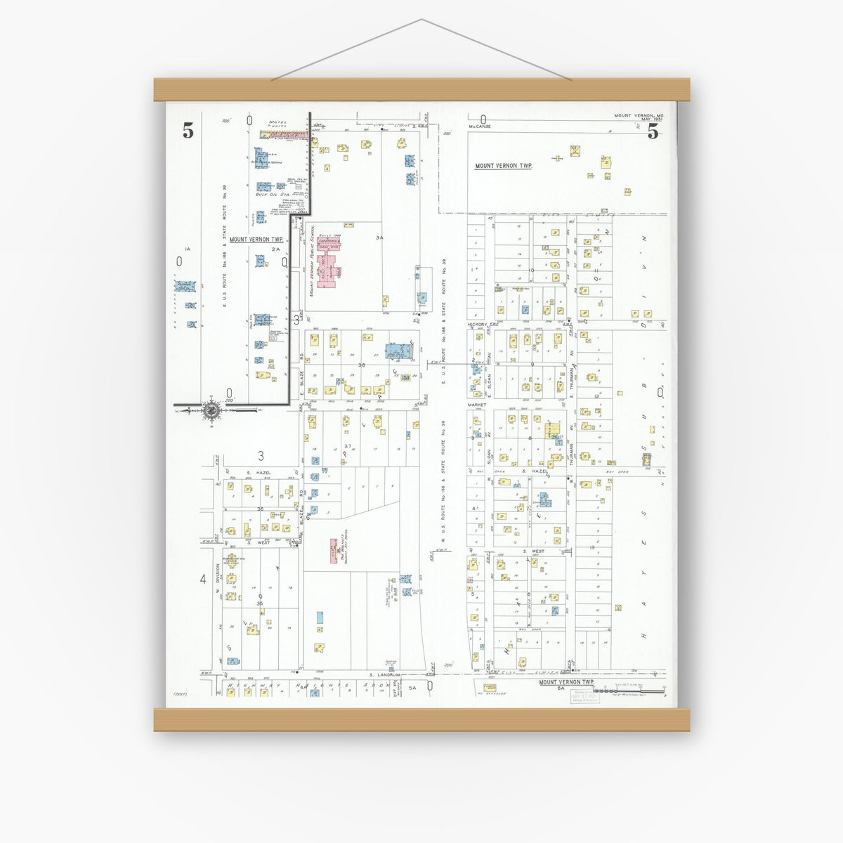 Old map wall art mockup — magnetic wood frame on white wall — Sanborn Fire Insurance Map from Mount Vernon, Lawrence County, Missouri (1951), Sheet #0005