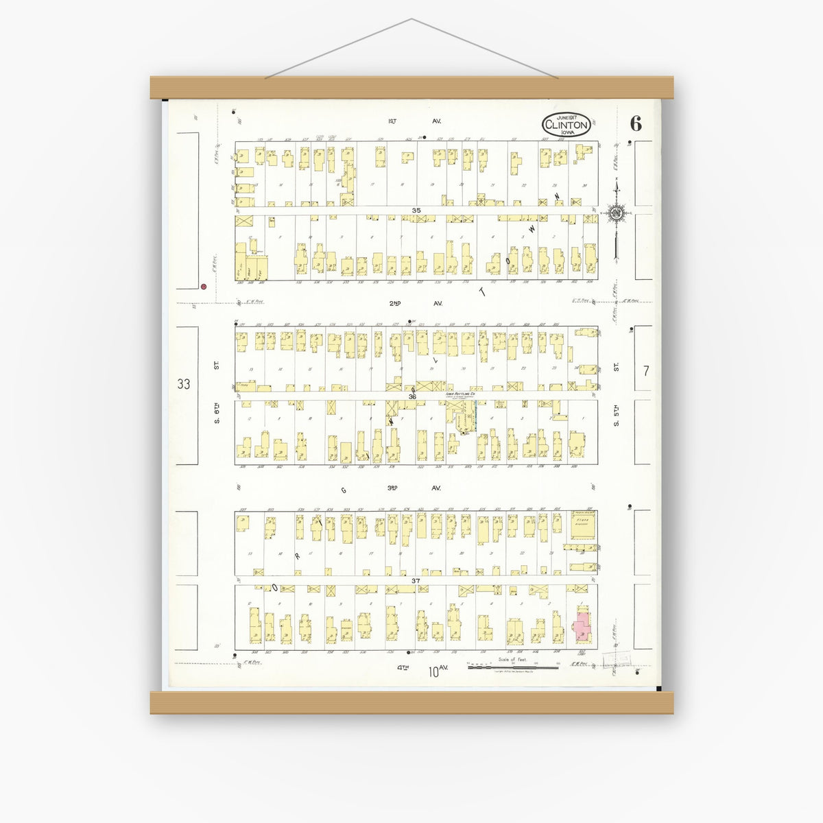 Old map wall art mockup — magnetic wood frame on white wall — Sanborn Fire Insurance Map from Clinton, Clinton County, Iowa (1917), Sheet #0006