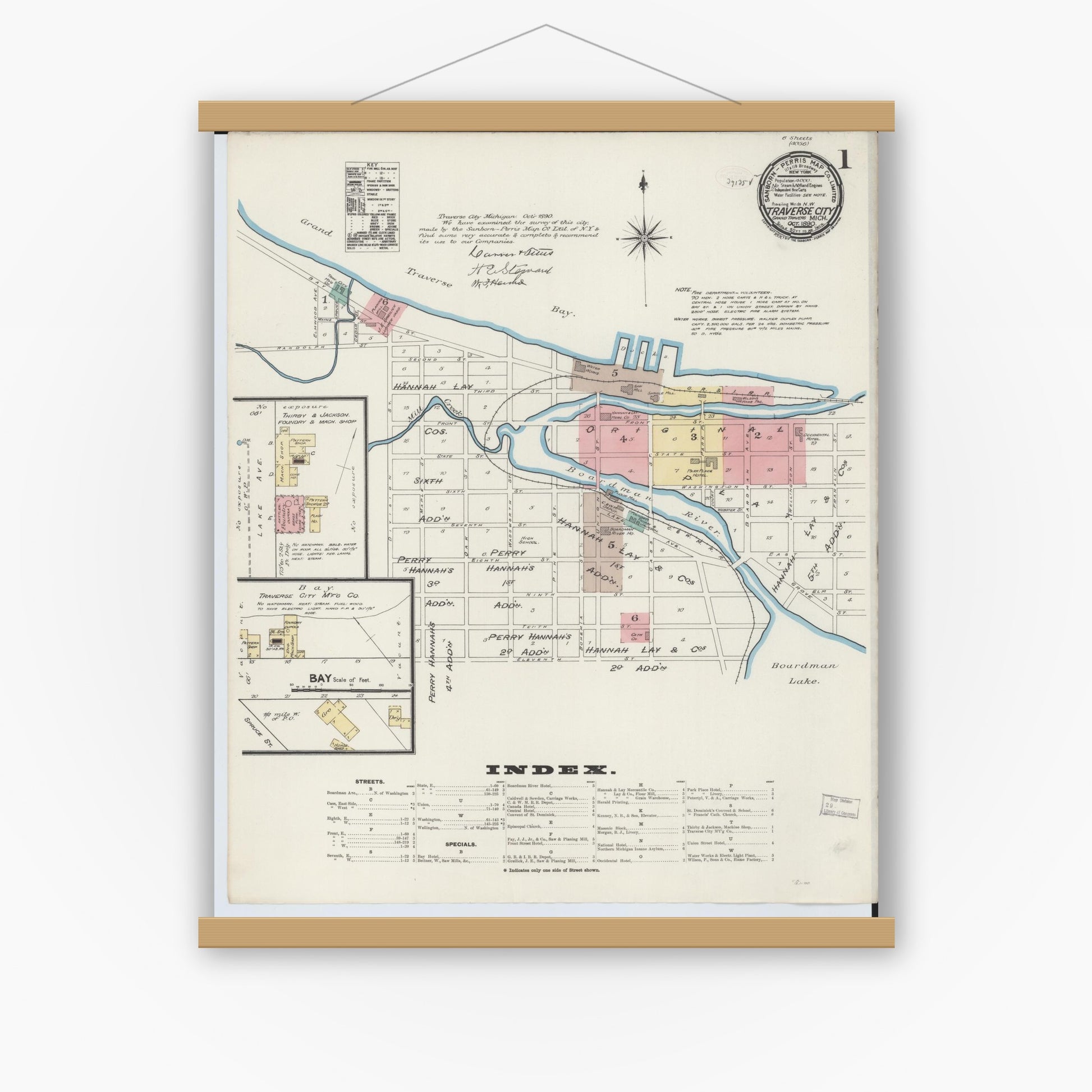 Old map wall art mockup — magnetic wood frame on white wall — Sanborn Fire Insurance Map from Traverse City, Grand Traverse County, Michigan (1890), Sheet #0001