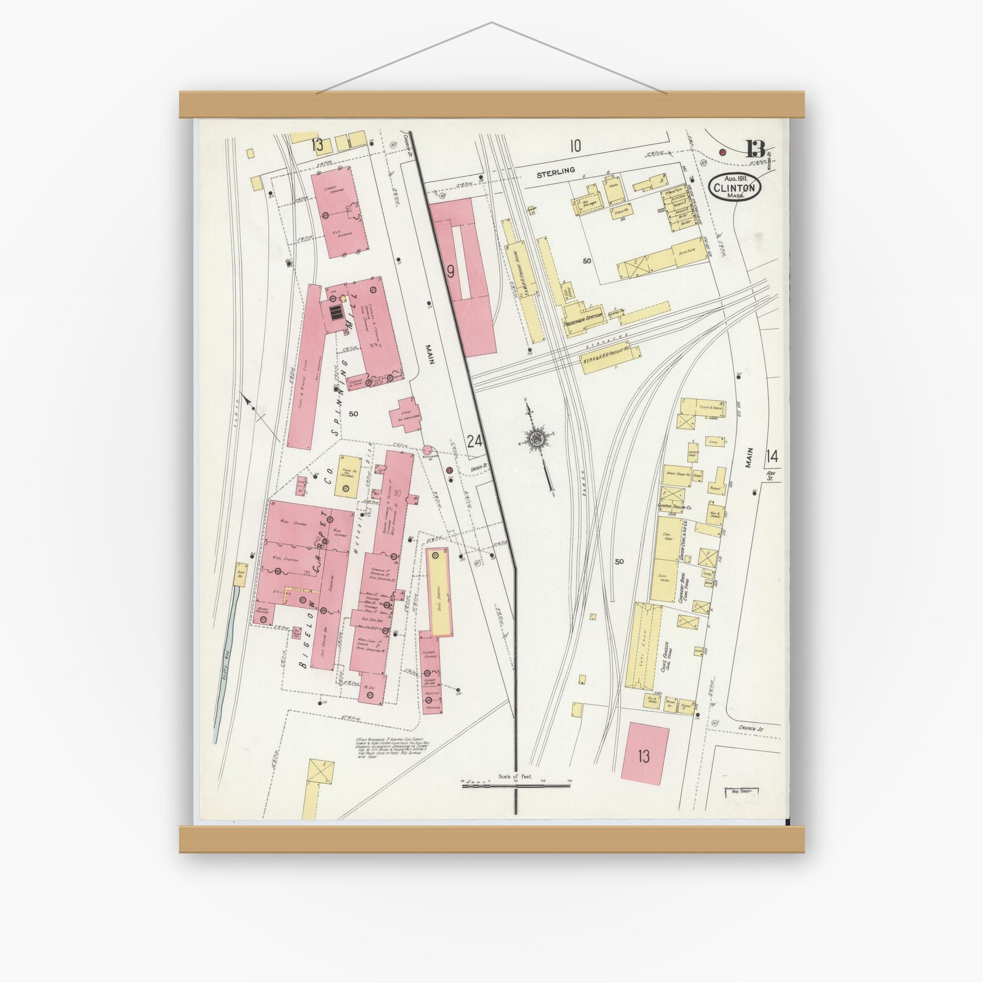 Old map wall art mockup — magnetic wood frame on white wall — Sanborn Fire Insurance Map from Clinton, Worcester County, Massachusetts (1911), Sheet #0013