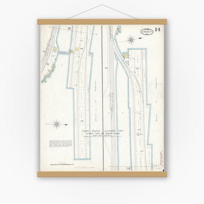 Old map wall art mockup — magnetic wood frame on white wall — Sanborn Fire Insurance Map from Crockett, Contra Costa County, California (1899), Sheet #0014