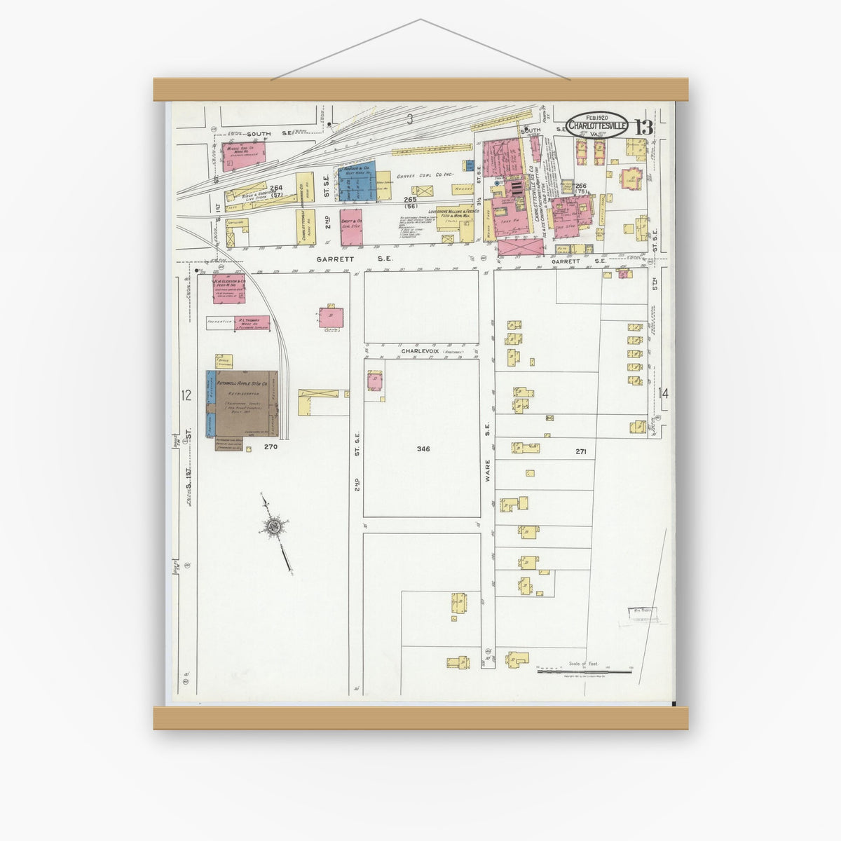 Old map wall art mockup — magnetic wood frame on white wall — Sanborn Fire Insurance Map from Charlottesville, Independent Cities, Virginia (1920), Sheet #0013