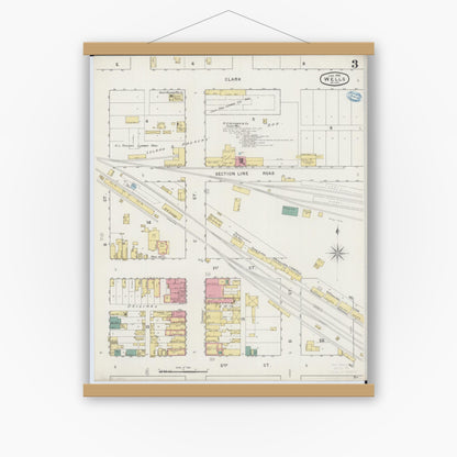 Old map wall art mockup — magnetic wood frame on white wall — Sanborn Fire Insurance Map from Wells, Faribault County, Minnesota (1894), Sheet #0003