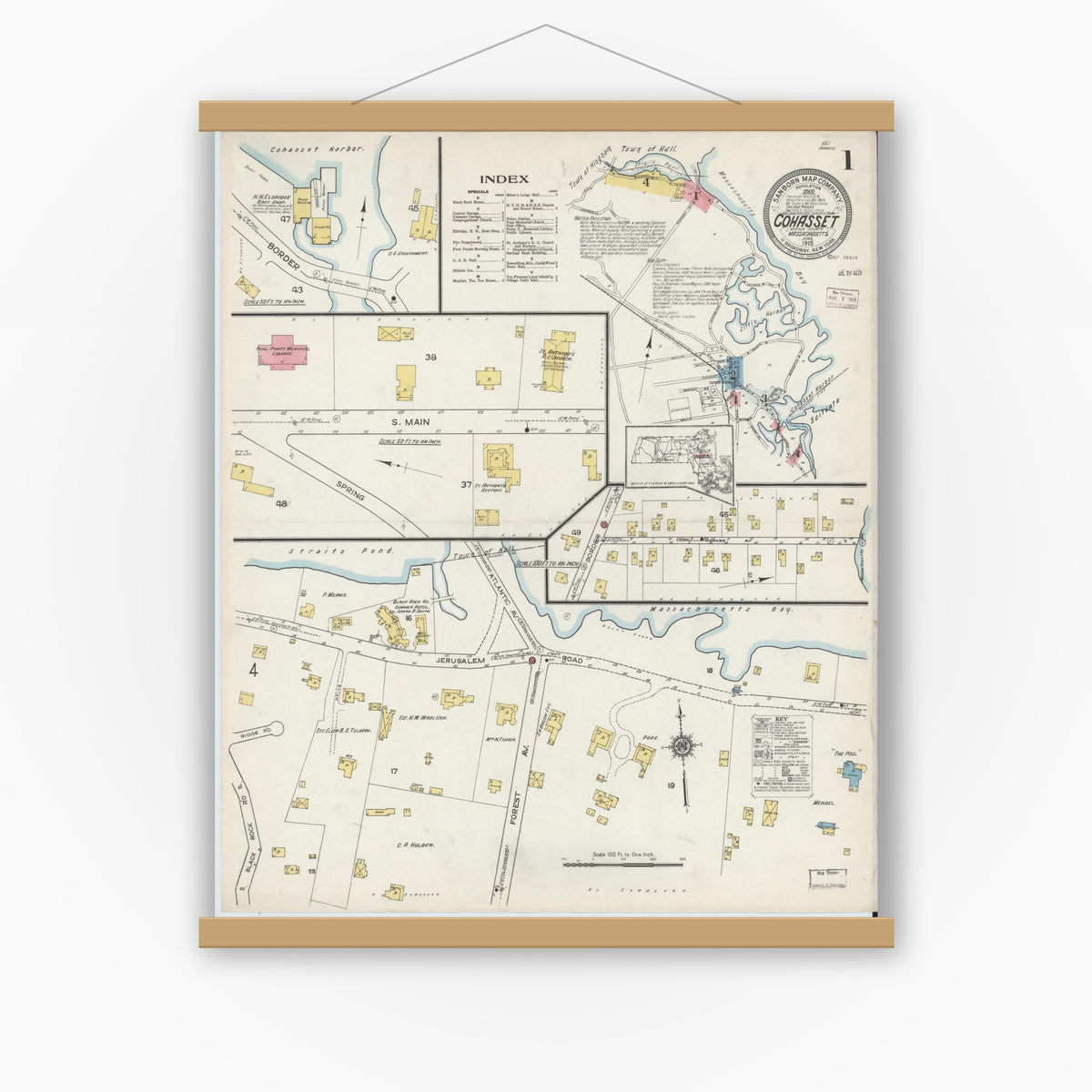 Old map wall art mockup — magnetic wood frame on white wall — Sanborn Fire Insurance Map from Cohasset, Norfolk County, Massachusetts (1915), Sheet #0001