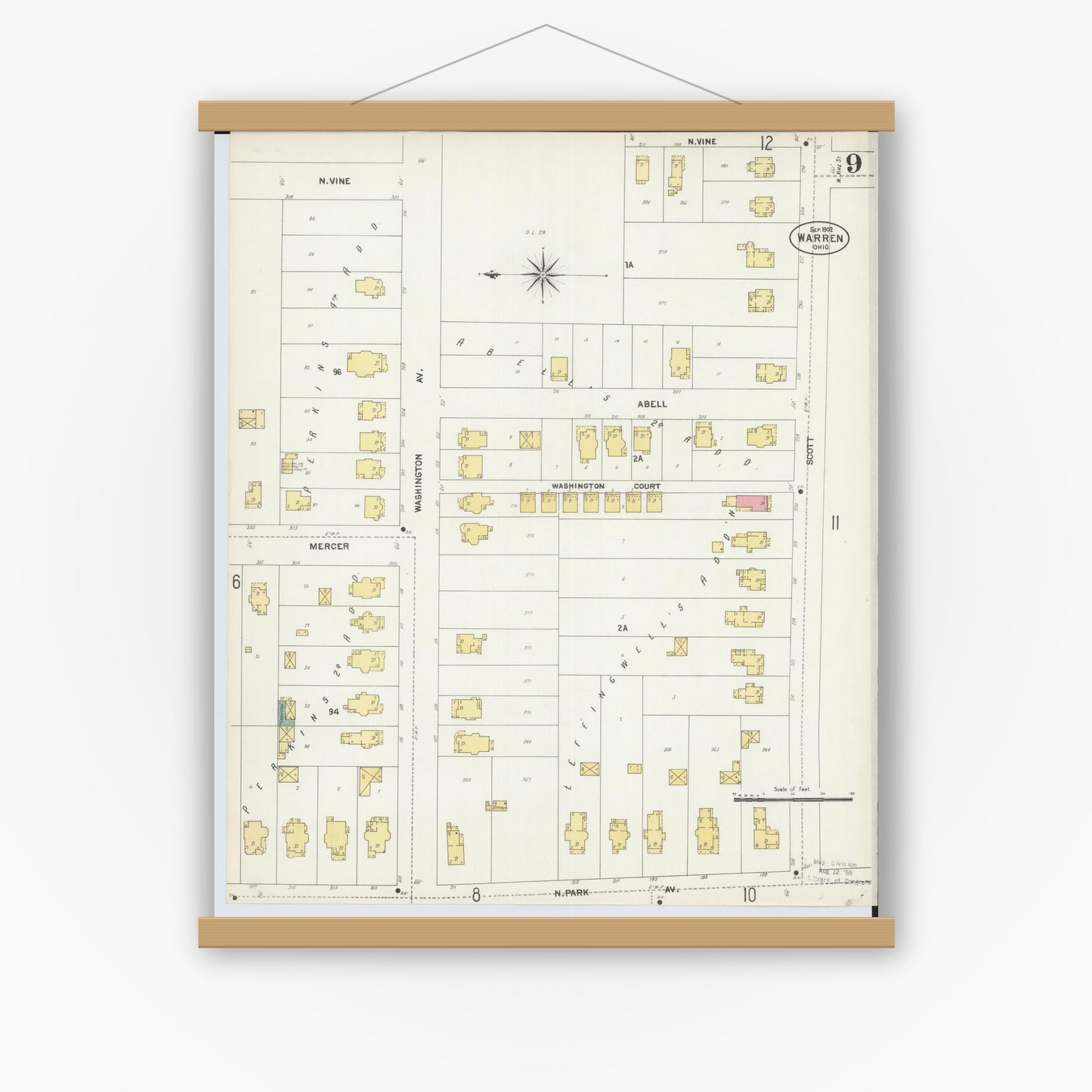Old map wall art mockup — magnetic wood frame on white wall — Sanborn Fire Insurance Map from Warren, Trumbull County, Ohio (1902), Sheet #0009