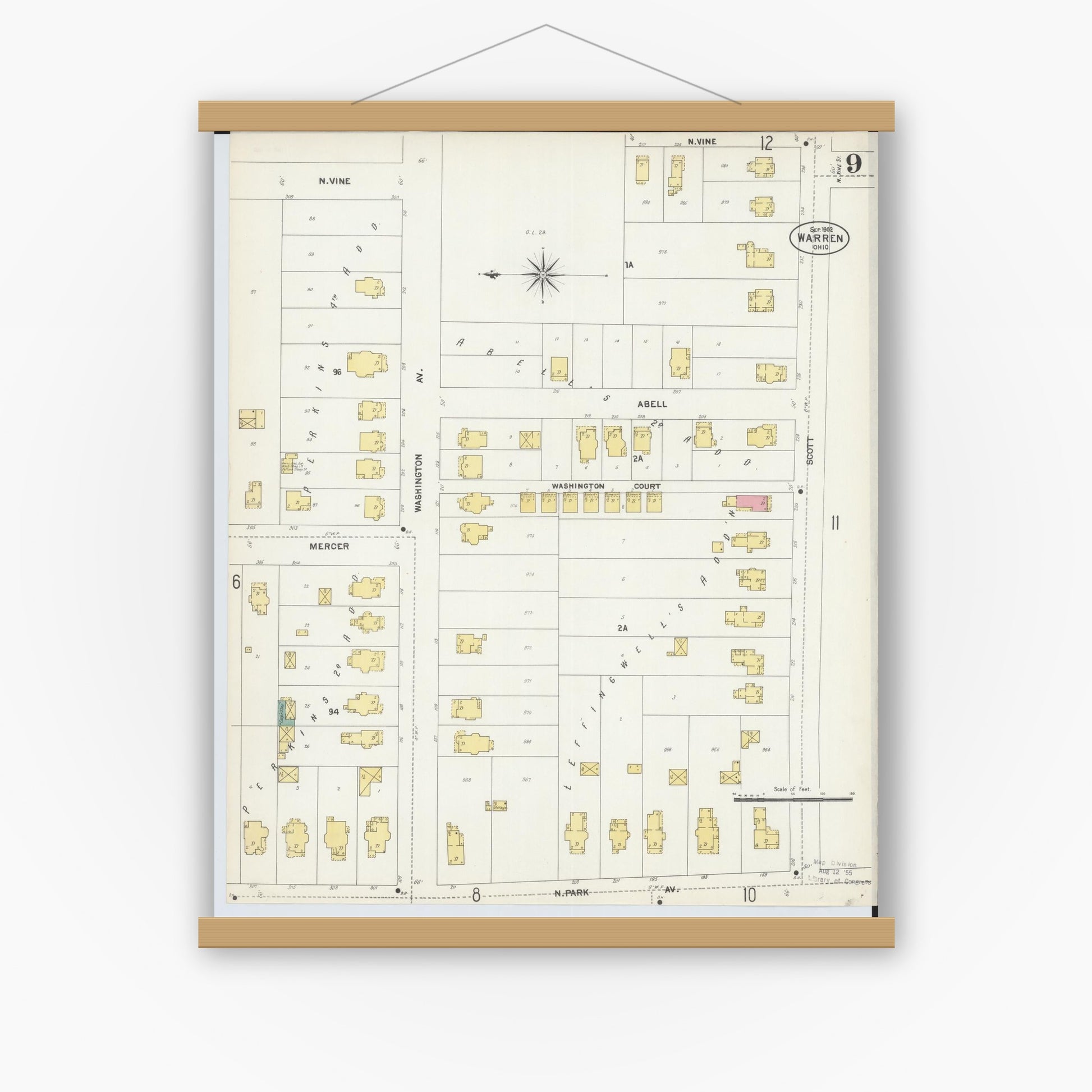 Old map wall art mockup — magnetic wood frame on white wall — Sanborn Fire Insurance Map from Warren, Trumbull County, Ohio (1902), Sheet #0009