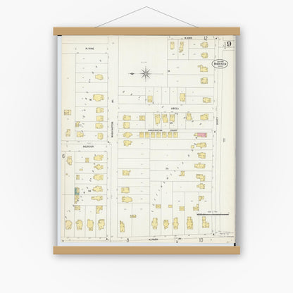 Old map wall art mockup — magnetic wood frame on white wall — Sanborn Fire Insurance Map from Warren, Trumbull County, Ohio (1902), Sheet #0009