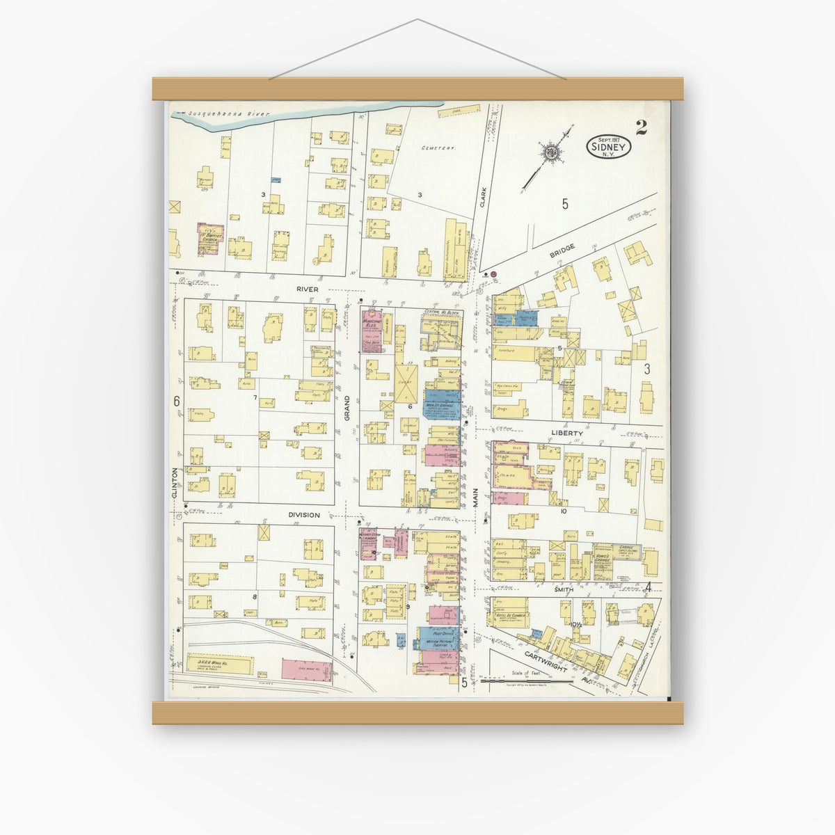 Old map wall art mockup — magnetic wood frame on white wall — Sanborn Fire Insurance Map from Sidney, Delaware County, New York (1917), Sheet #0002