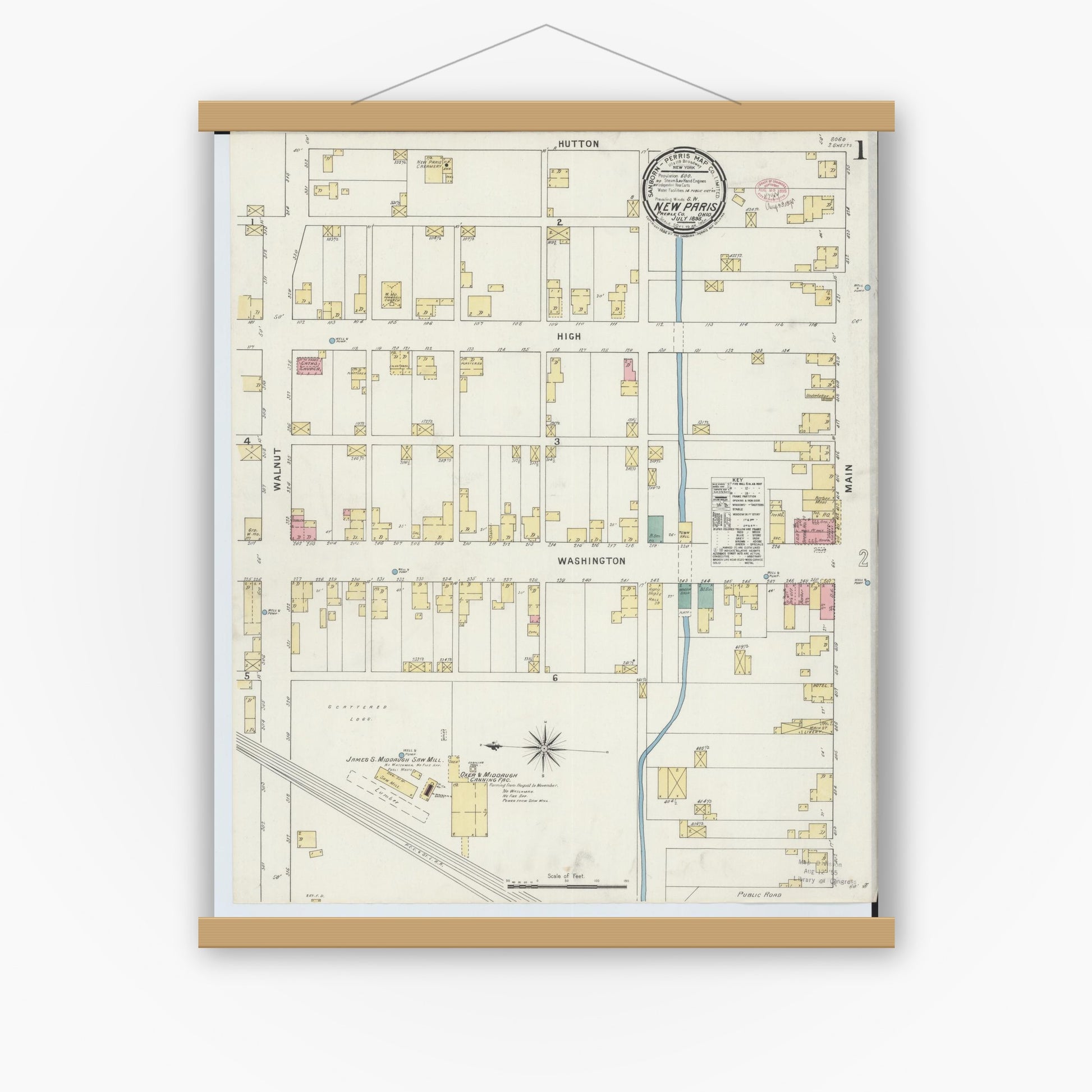 Old map wall art mockup — magnetic wood frame on white wall — Sanborn Fire Insurance Map from New Paris, Preble County, Ohio (1895), Sheet #0001