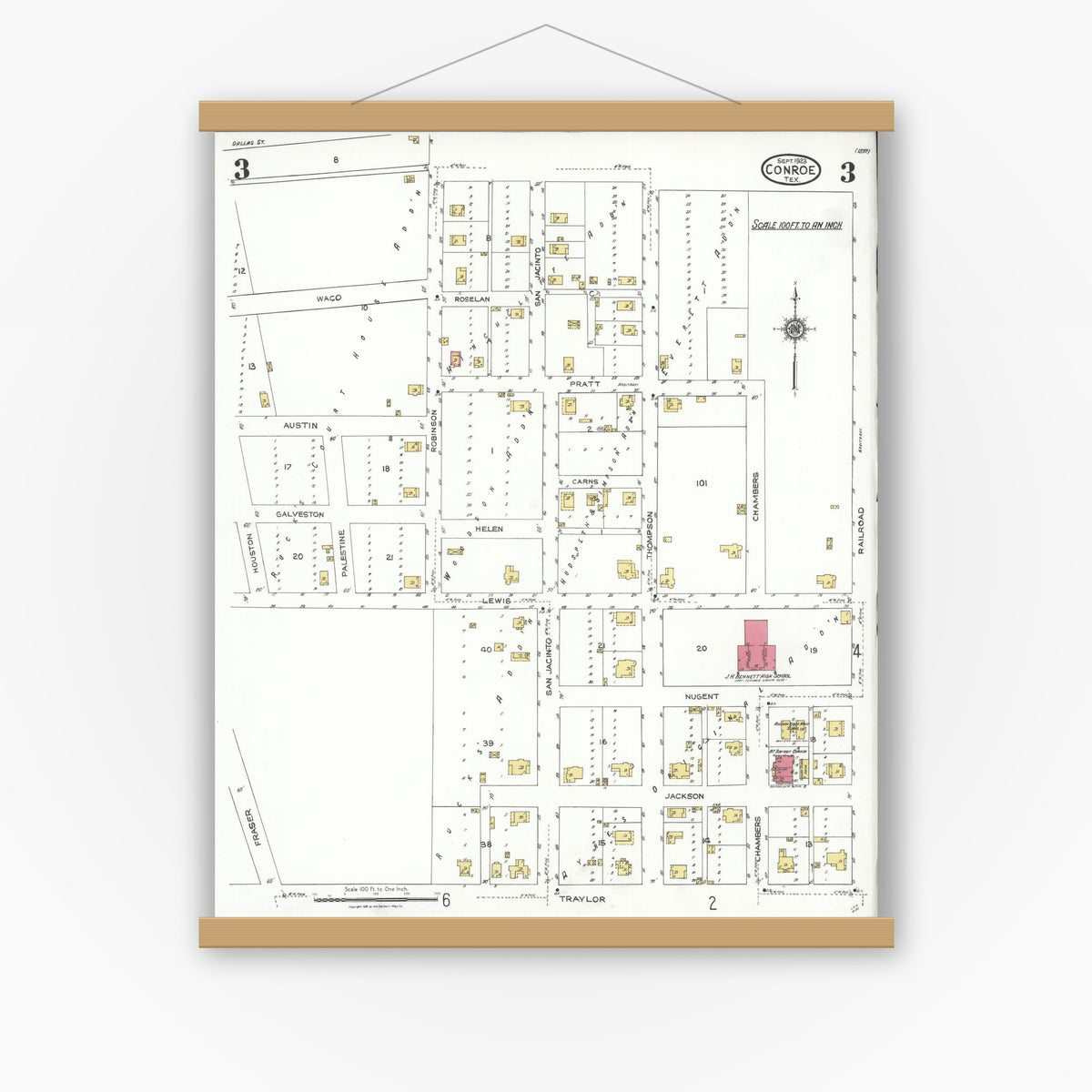 Old map wall art mockup — magnetic wood frame on white wall — Sanborn Fire Insurance Map from Conroe, Montgomery County, Texas (1923), Sheet #0003