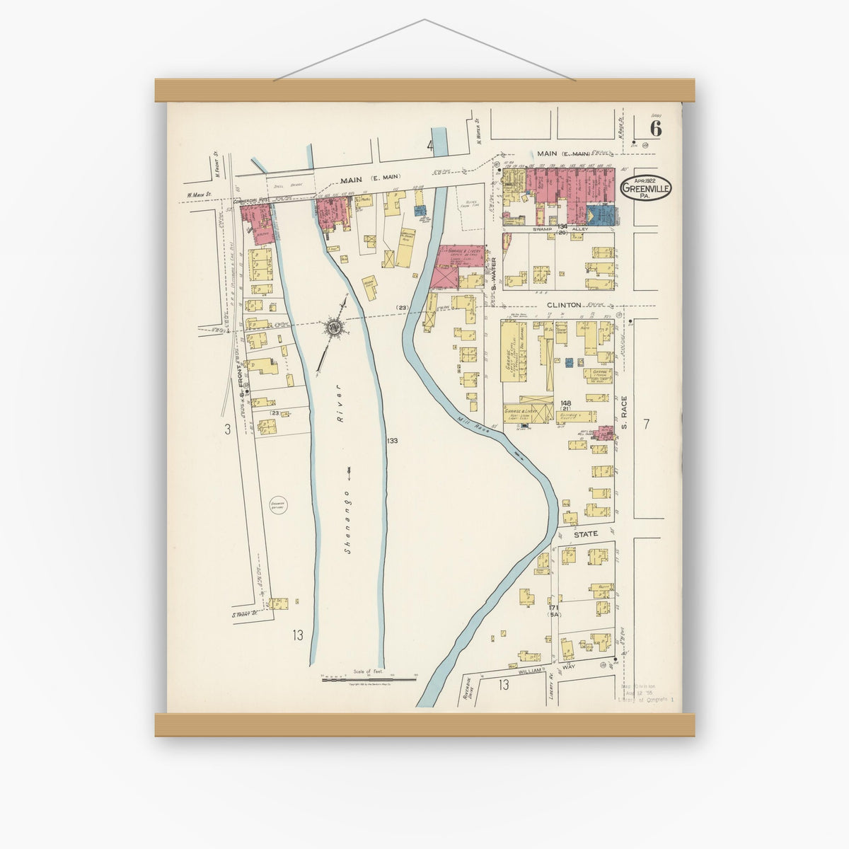 Old map wall art mockup — magnetic wood frame on white wall — Sanborn Fire Insurance Map from Greenville, Mercer County, Pennsylvania (1922), Sheet #0006