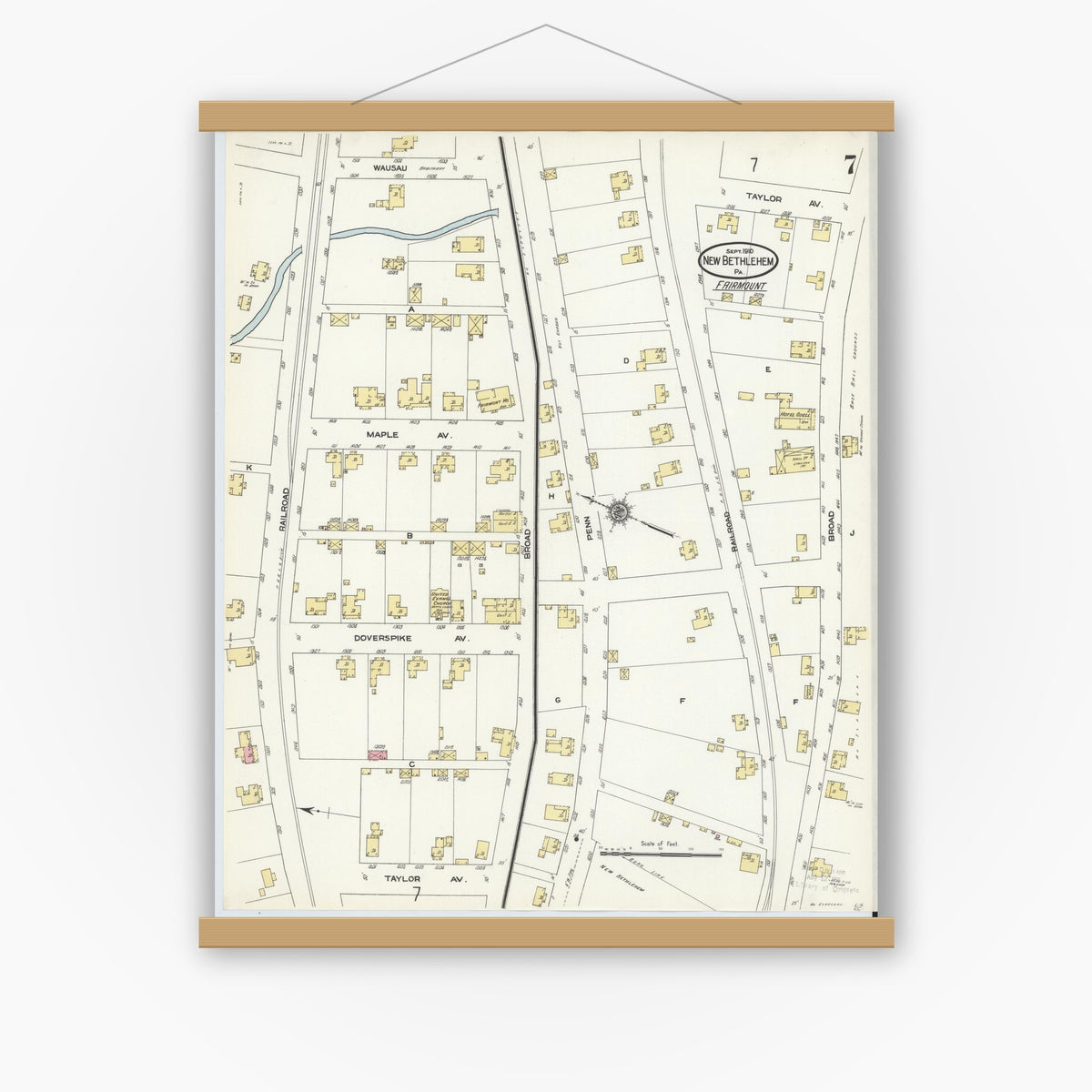Old map wall art mockup — magnetic wood frame on white wall — Sanborn Fire Insurance Map from New Bethlehem, Clarion County, Pennsylvania (1910), Sheet #0007