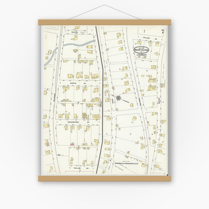 Old map wall art mockup — magnetic wood frame on white wall — Sanborn Fire Insurance Map from New Bethlehem, Clarion County, Pennsylvania (1910), Sheet #0007