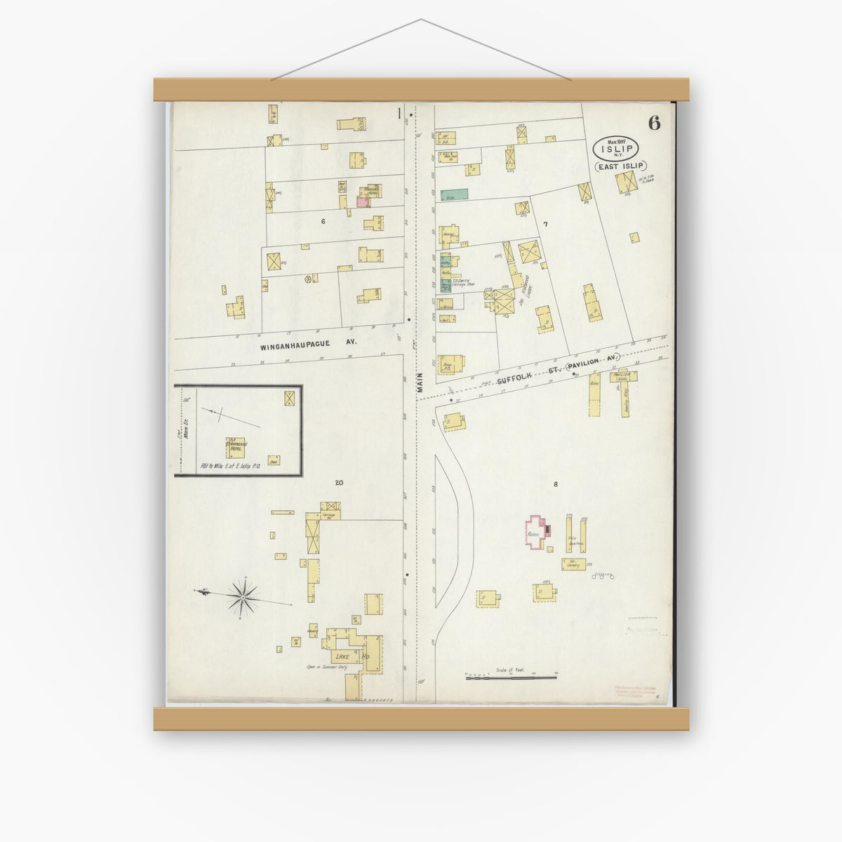 Old map wall art mockup — magnetic wood frame on white wall — Sanborn Fire Insurance Map from Islip, Suffolk County, New York (1897), Sheet #0006