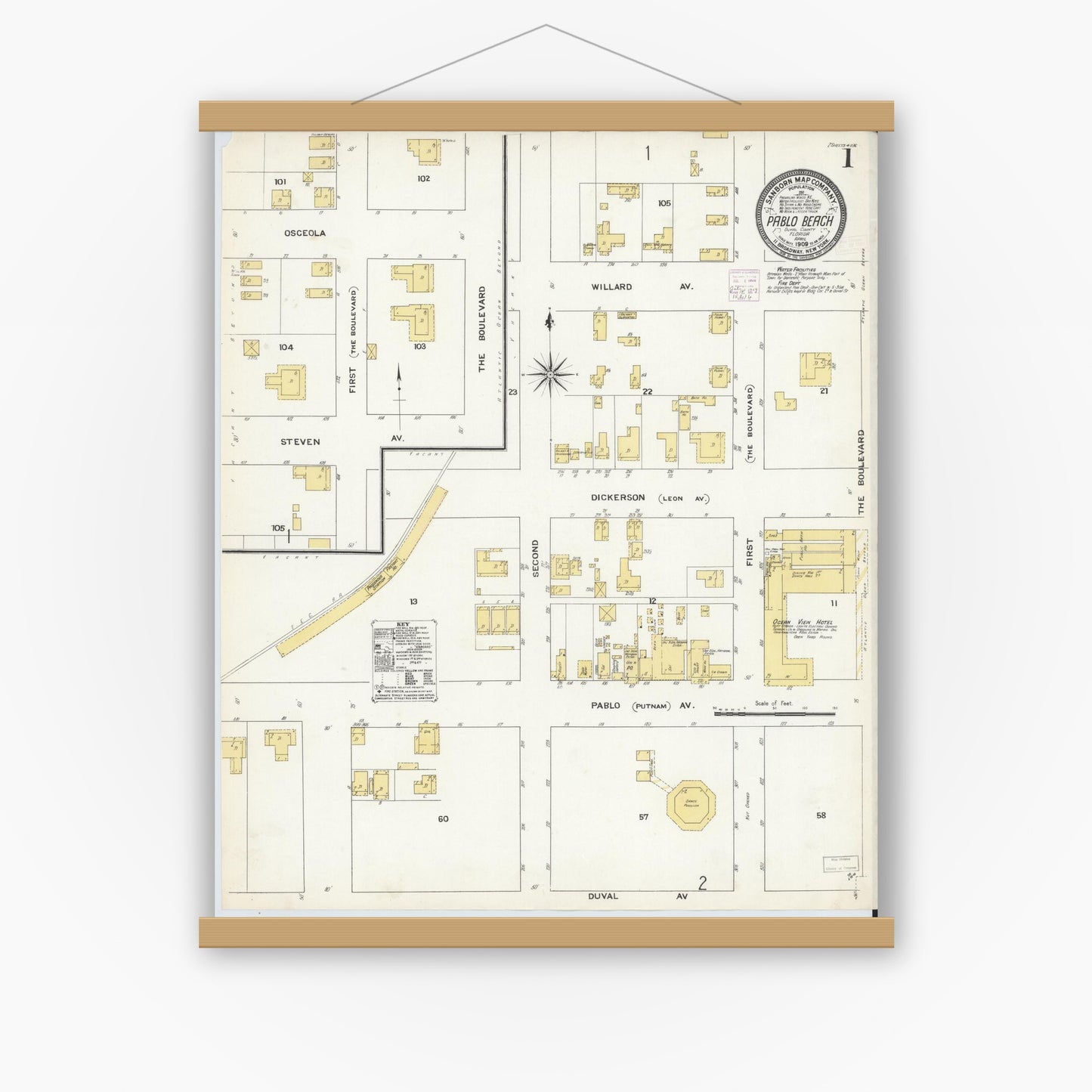 Old map wall art mockup — magnetic wood frame on white wall — Sanborn Fire Insurance Map from Pablo Beach, Duval County, Florida (1909) - Complete Map Set