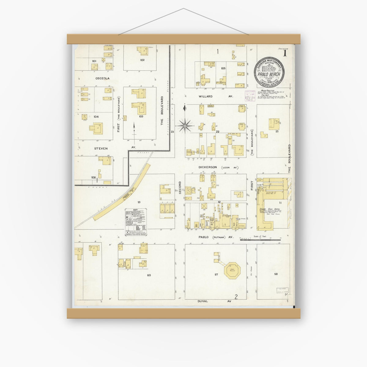 Old map wall art mockup — magnetic wood frame on white wall — Sanborn Fire Insurance Map from Pablo Beach, Duval County, Florida (1909) - Complete Map Set