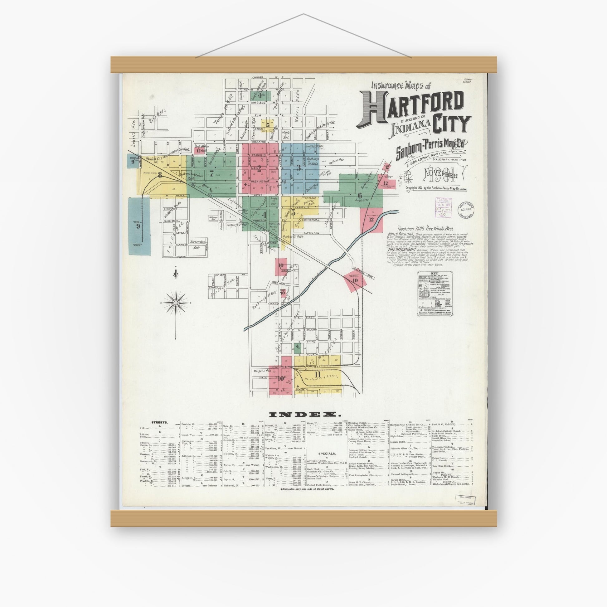 Old map wall art mockup — magnetic wood frame on white wall — Sanborn Fire Insurance Map from Hartford City, Blackford County, Indiana (1901) - Complete Map Set