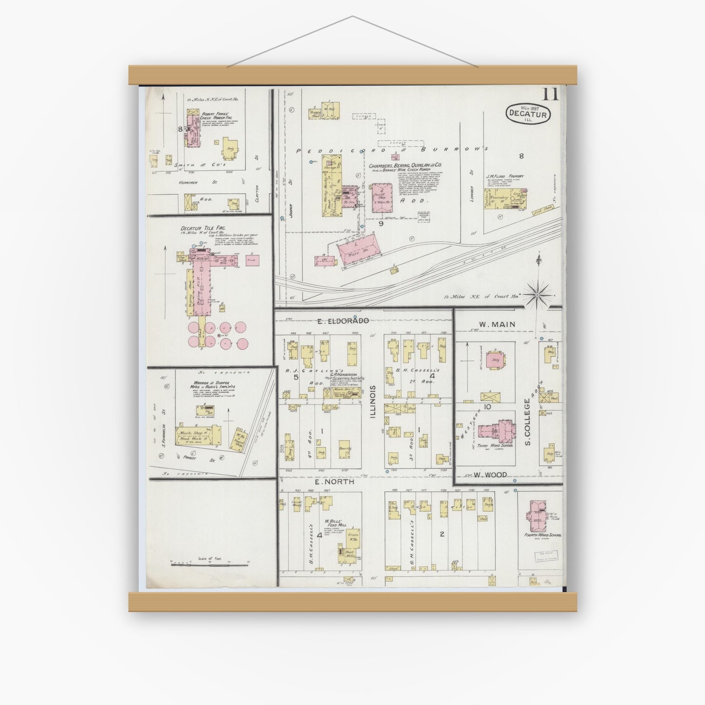 Old map wall art mockup — magnetic wood frame on white wall — Sanborn Fire Insurance Map from Decatur, Macon County, Illinois (1887), Sheet #0011