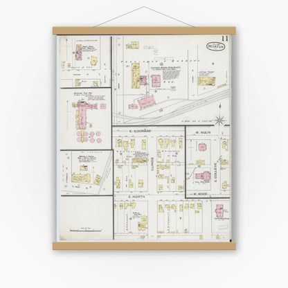 Old map wall art mockup — magnetic wood frame on white wall — Sanborn Fire Insurance Map from Decatur, Macon County, Illinois (1887), Sheet #0011