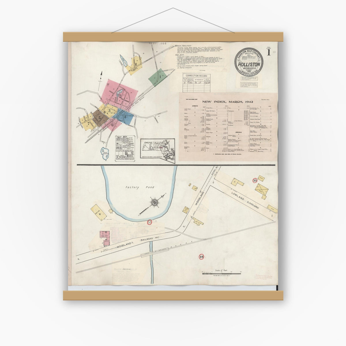 Old map wall art mockup — magnetic wood frame on white wall — Sanborn Fire Insurance Map from Holliston, Middlesex County, Massachusetts (1942), Sheet #0001